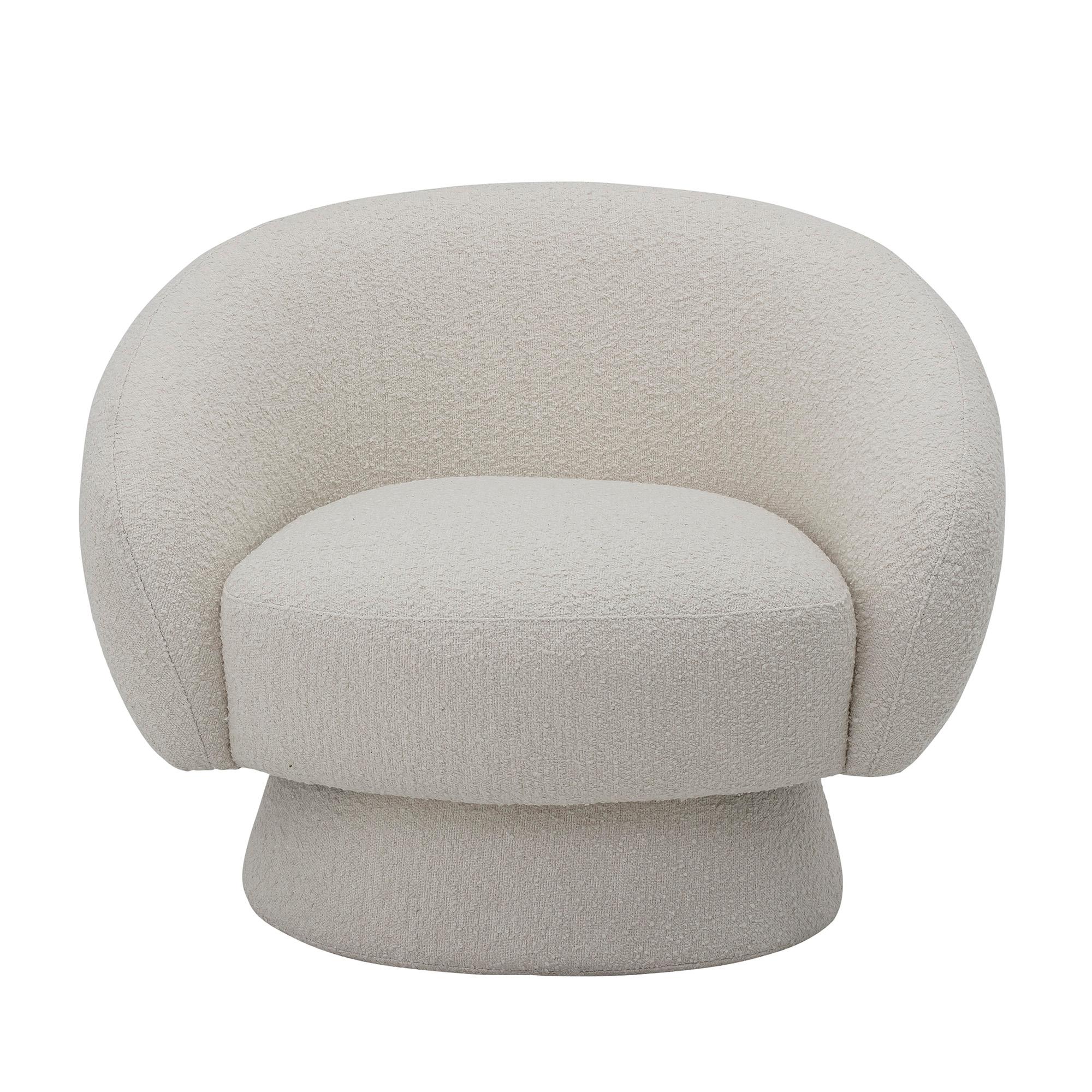 Curved formed circular base lounge chair with a curved-arm integrated back, hard-wood frame. Standard model in an off-white bouclé fabric. This item is available as shown and ready to ship.