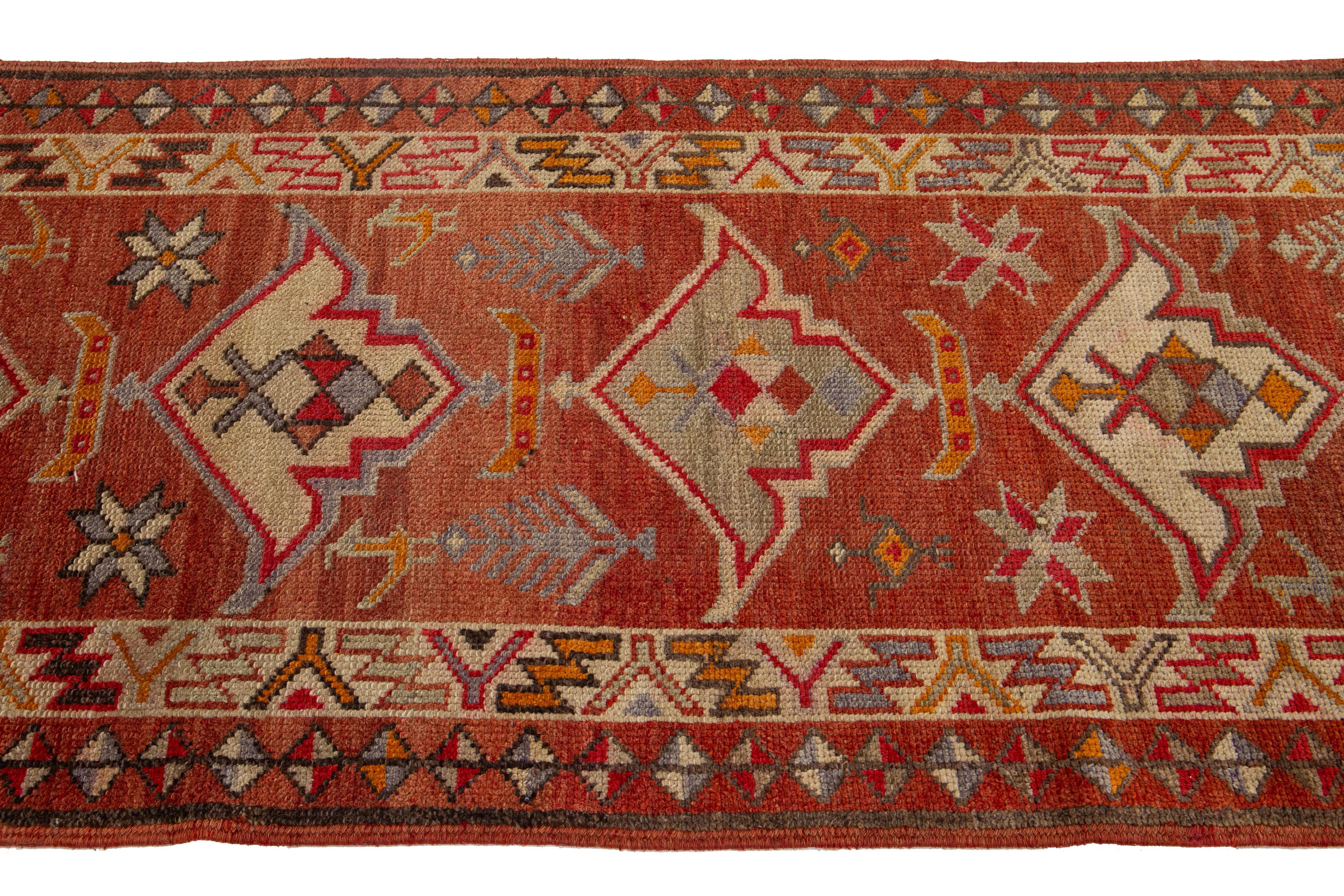 Hand-Knotted 21st Century Red Anatolian Turkish Runner Handmade with Tribal Motif  For Sale