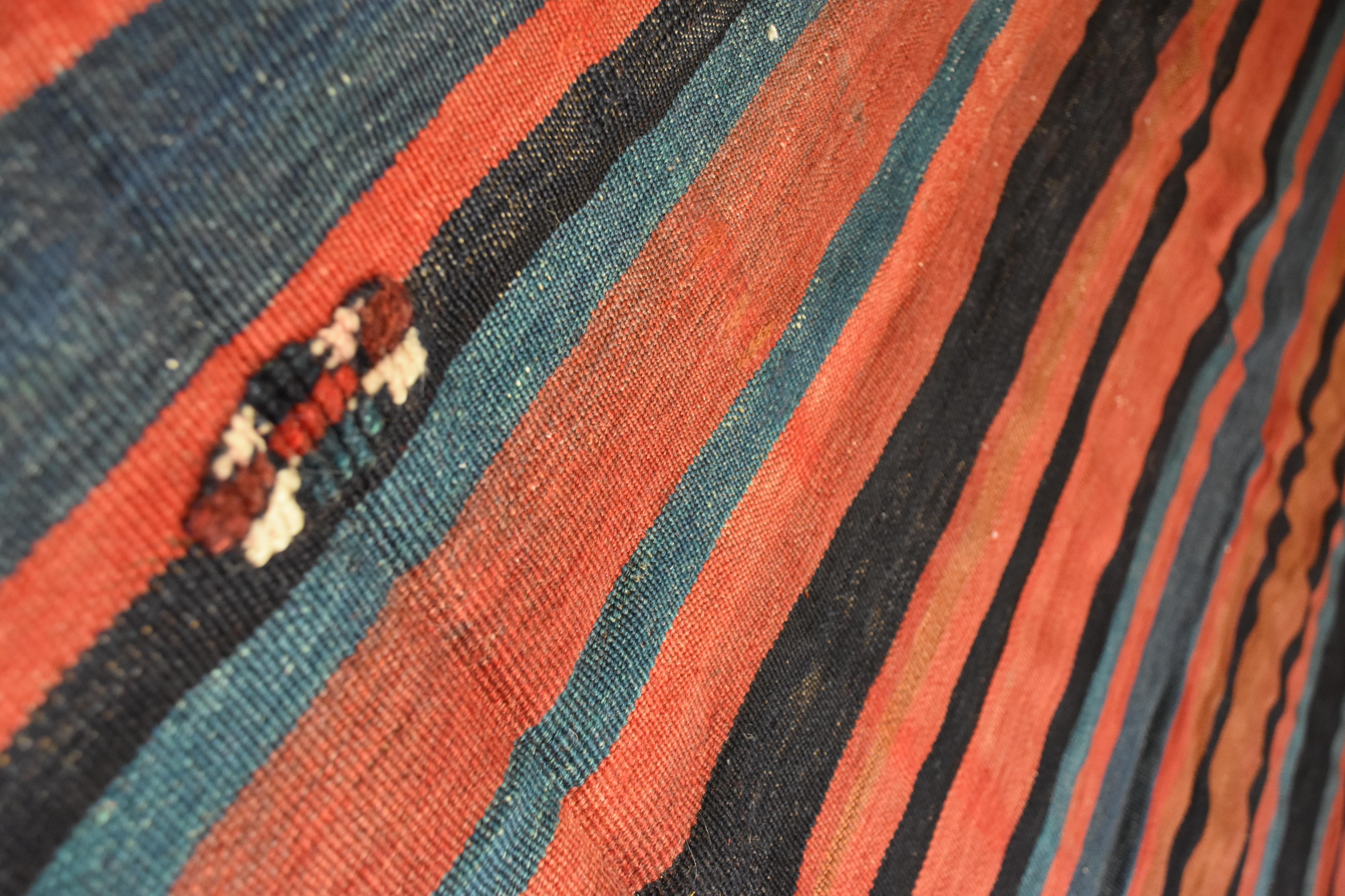 21st Century Red and Blue Nomadic Kurdish Stripes Kilim Rug in Wool, circa 1900s For Sale 4