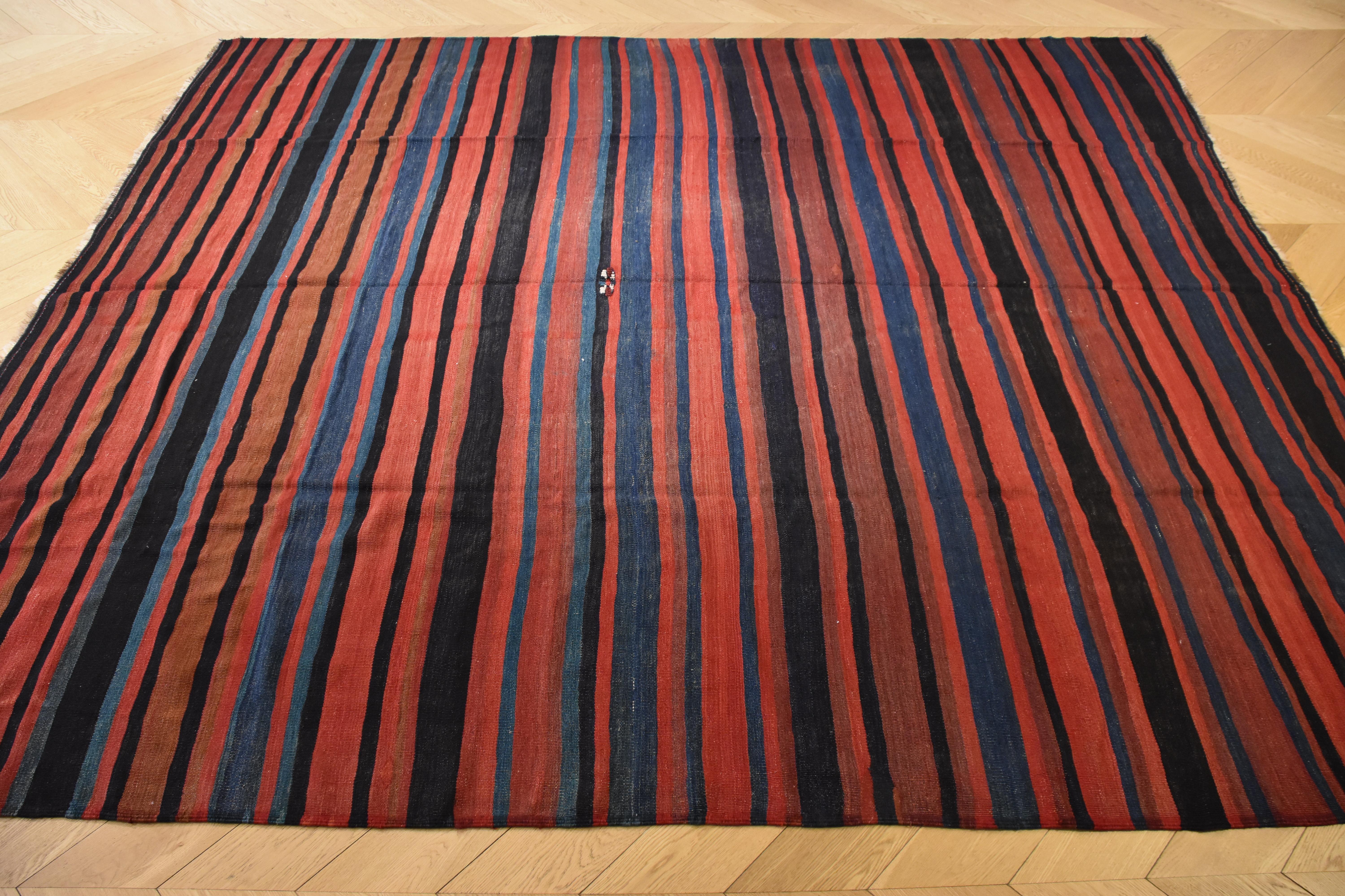Tribal 21st Century Red and Blue Nomadic Kurdish Stripes Kilim Rug in Wool, circa 1900s For Sale