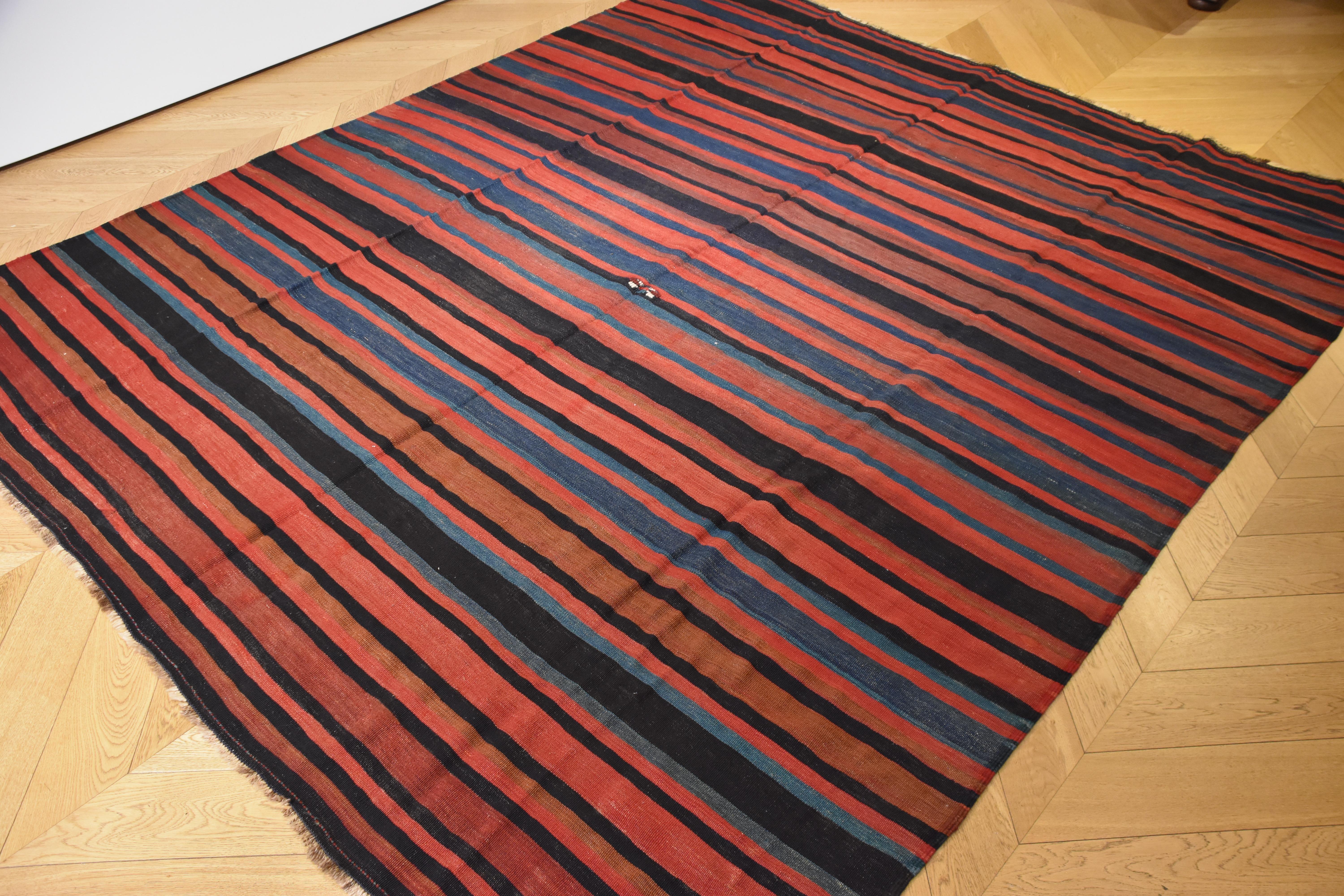 Armenian 21st Century Red and Blue Nomadic Kurdish Stripes Kilim Rug in Wool, circa 1900s For Sale