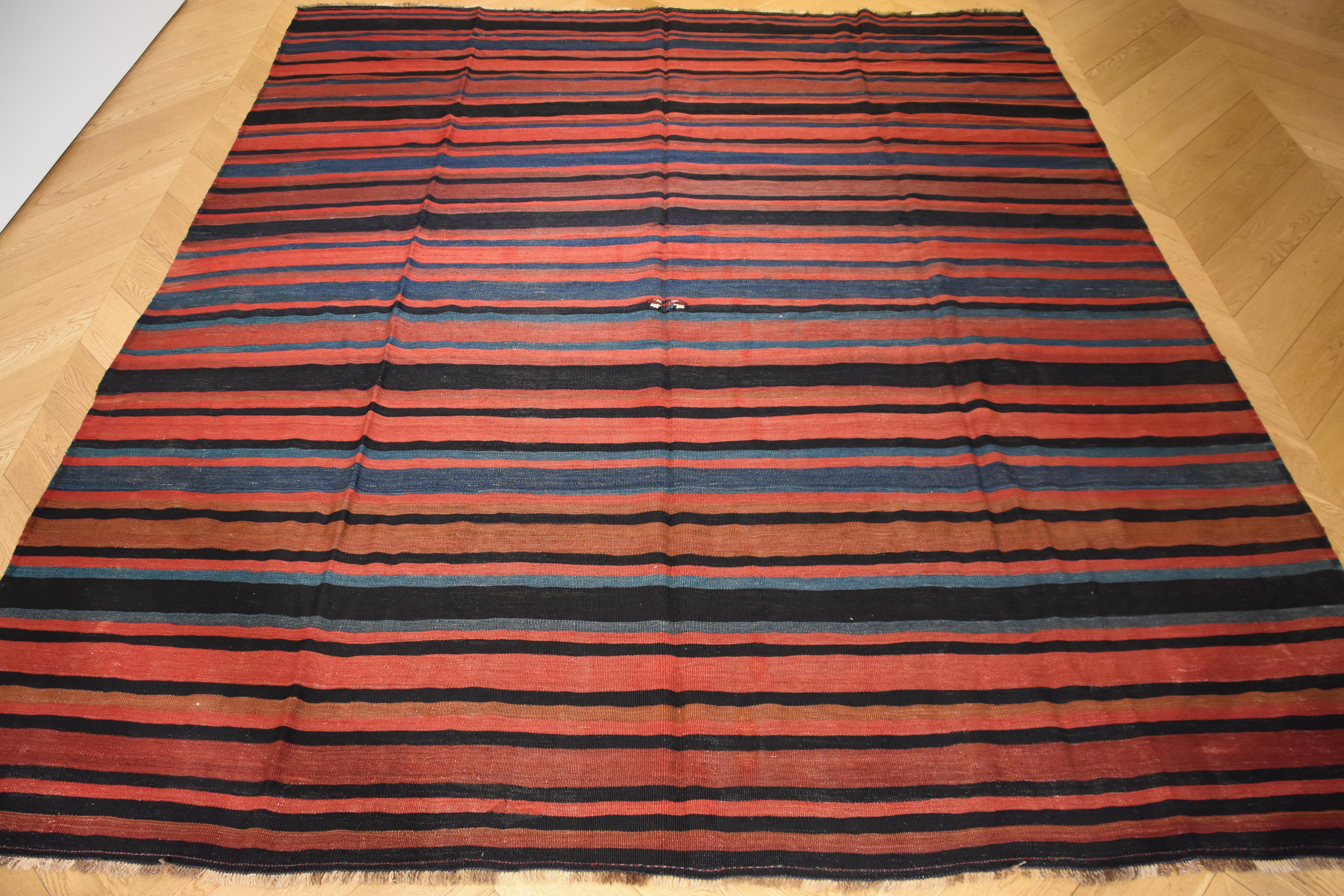 Hand-Knotted 21st Century Red and Blue Nomadic Kurdish Stripes Kilim Rug in Wool, circa 1900s For Sale
