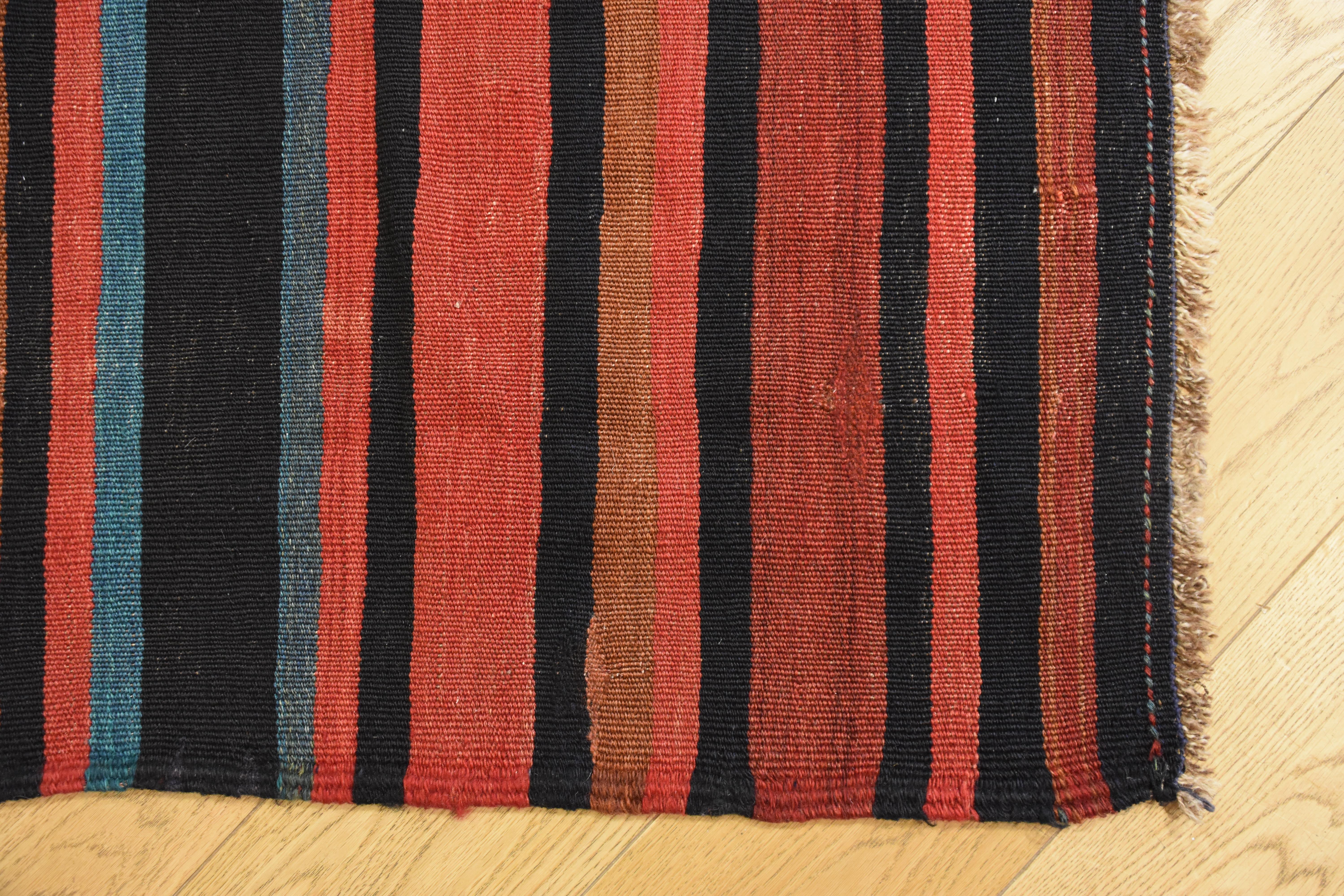 21st Century Red and Blue Nomadic Kurdish Stripes Kilim Rug in Wool, circa 1900s In Good Condition For Sale In Firenze, IT