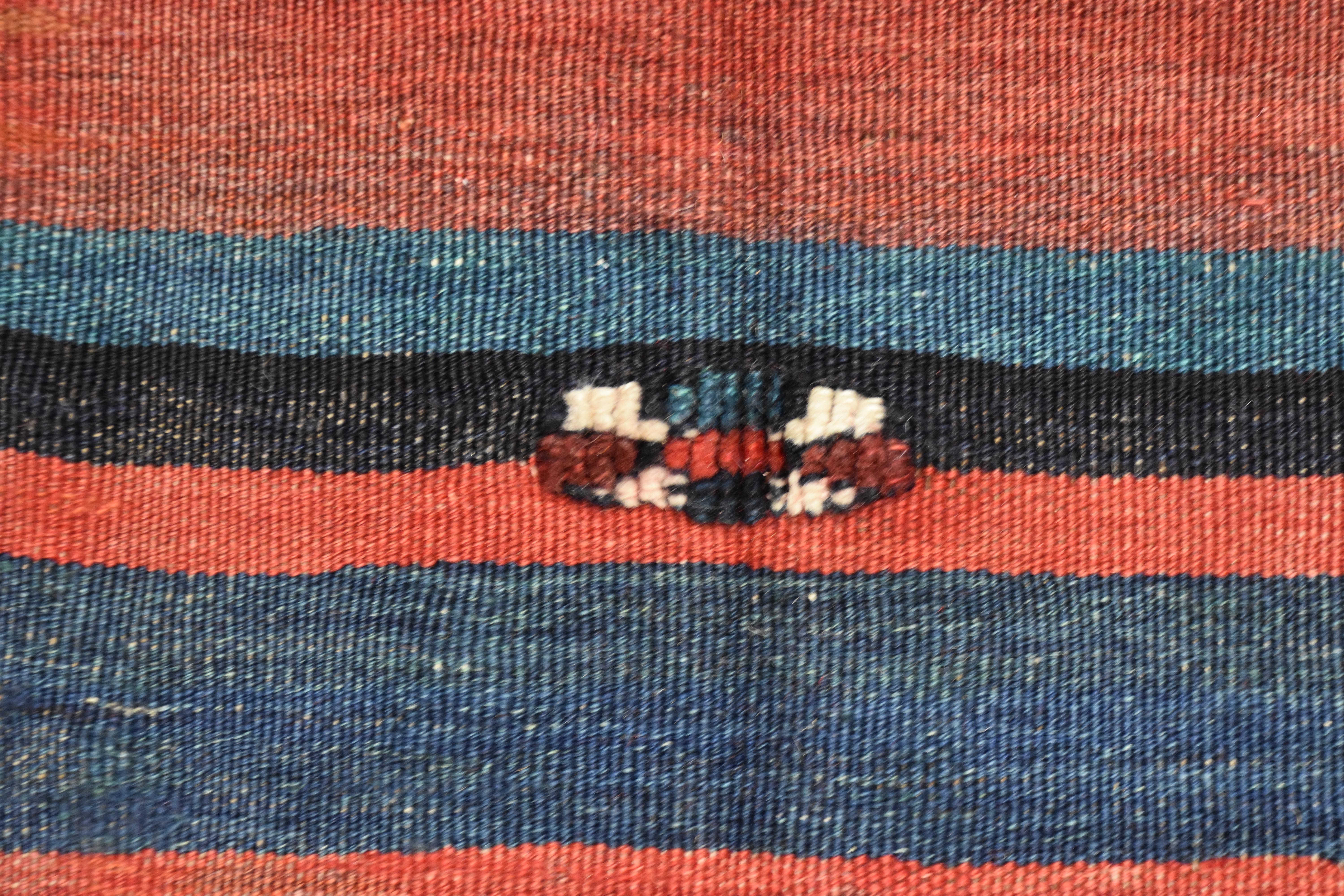 20th Century 21st Century Red and Blue Nomadic Kurdish Stripes Kilim Rug in Wool, circa 1900s For Sale
