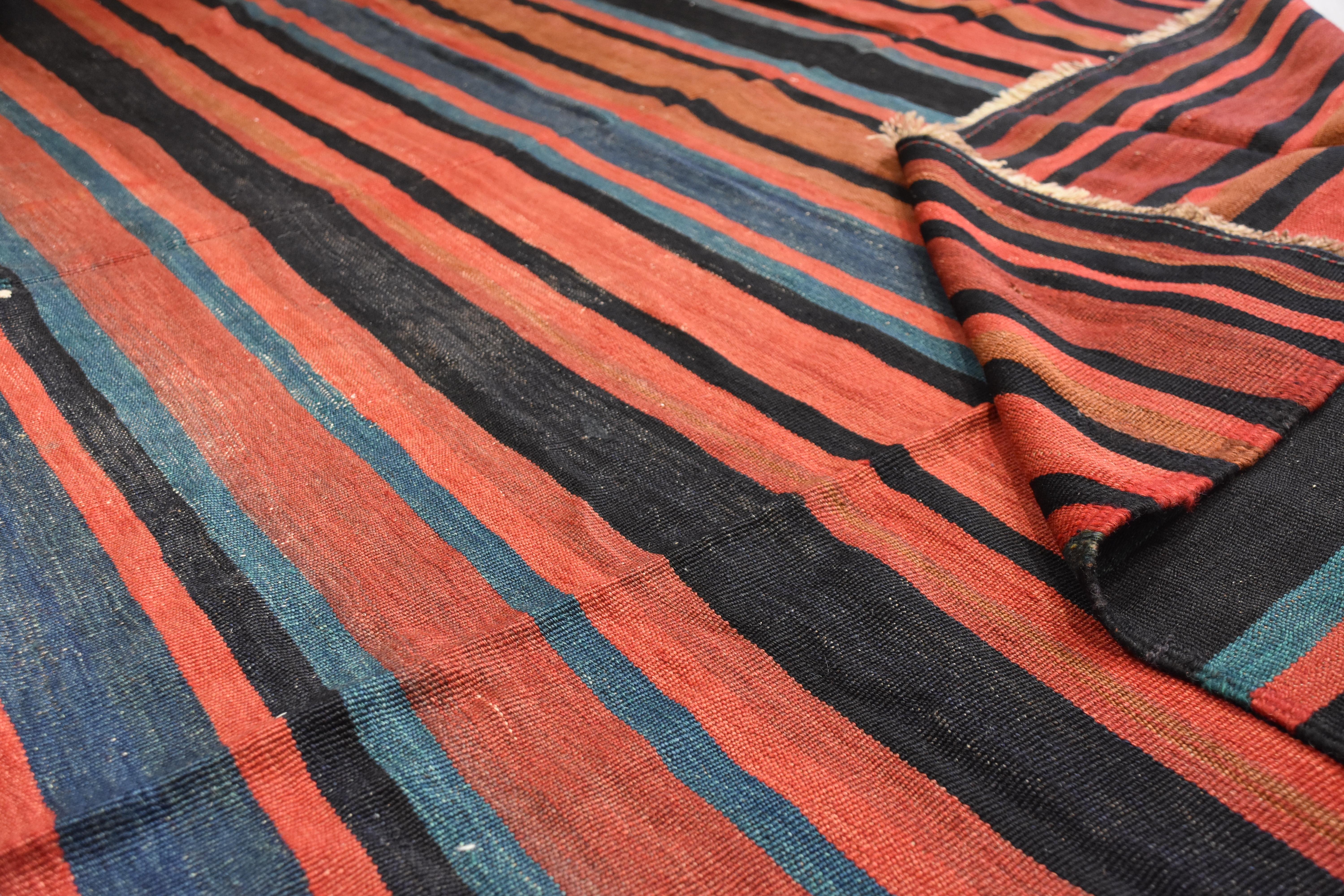 21st Century Red and Blue Nomadic Kurdish Stripes Kilim Rug in Wool, circa 1900s For Sale 2