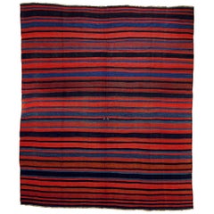 21st Century Red and Blue Nomadic Kurdish Stripes Kilim Rug in Wool, circa 1900s