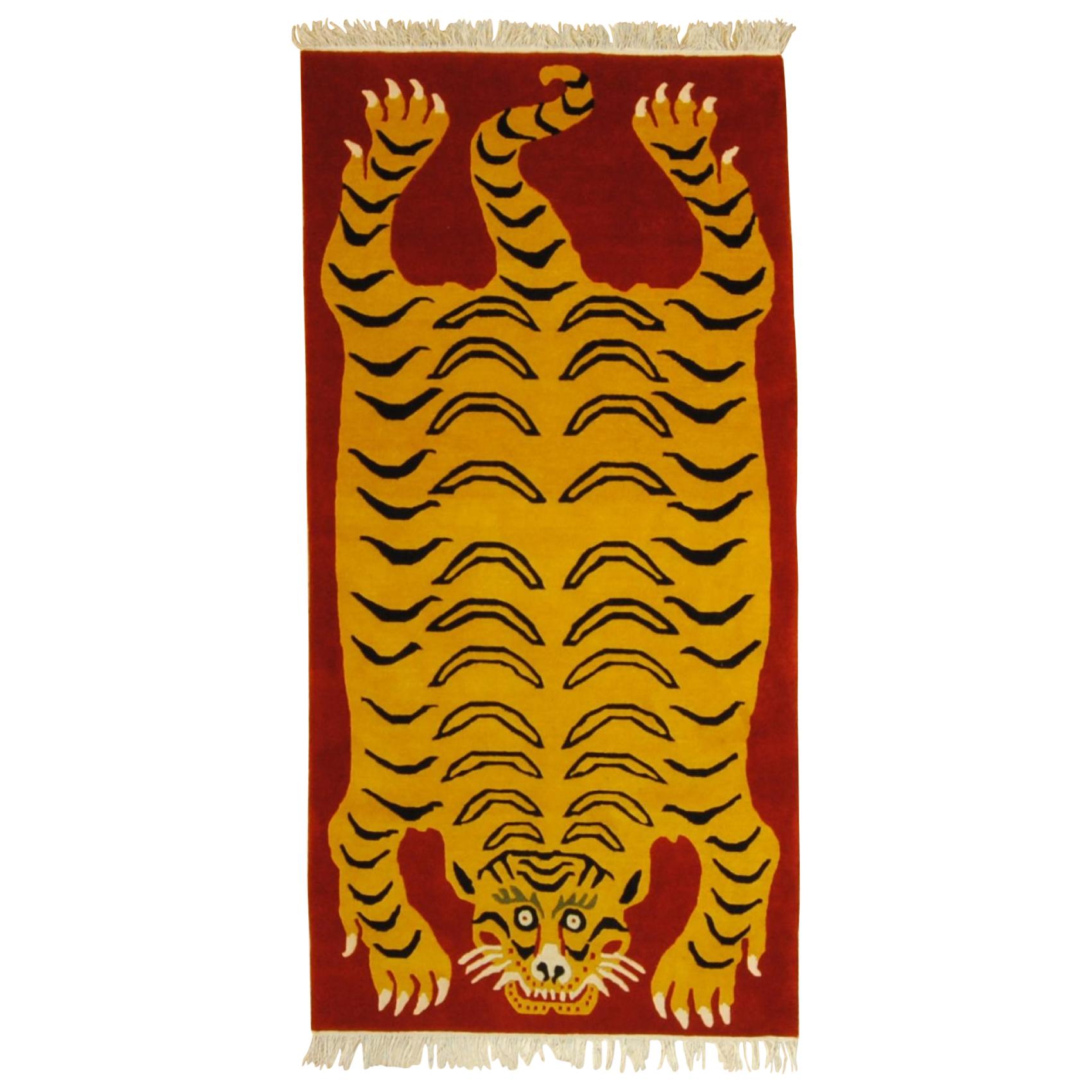21st Century Red and Yellow Tiger Tibetan Rug Prayer, 2019