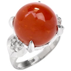 21st Century Red Coral Diamond Claw Platinum Ring