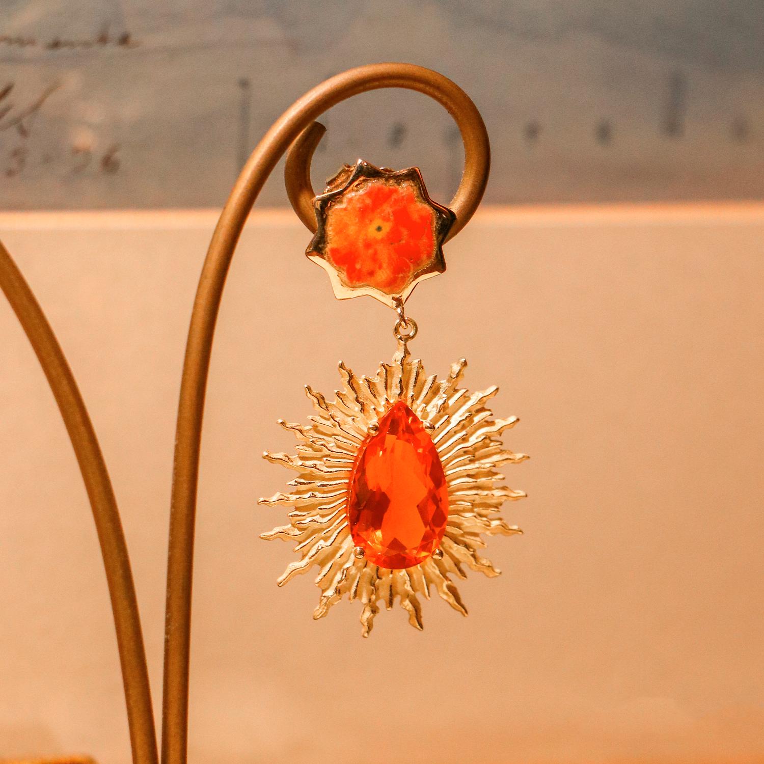 Modern 21st Century Red Fire Opal Star Rose Fire Enamel Gold Earrings Golden Age