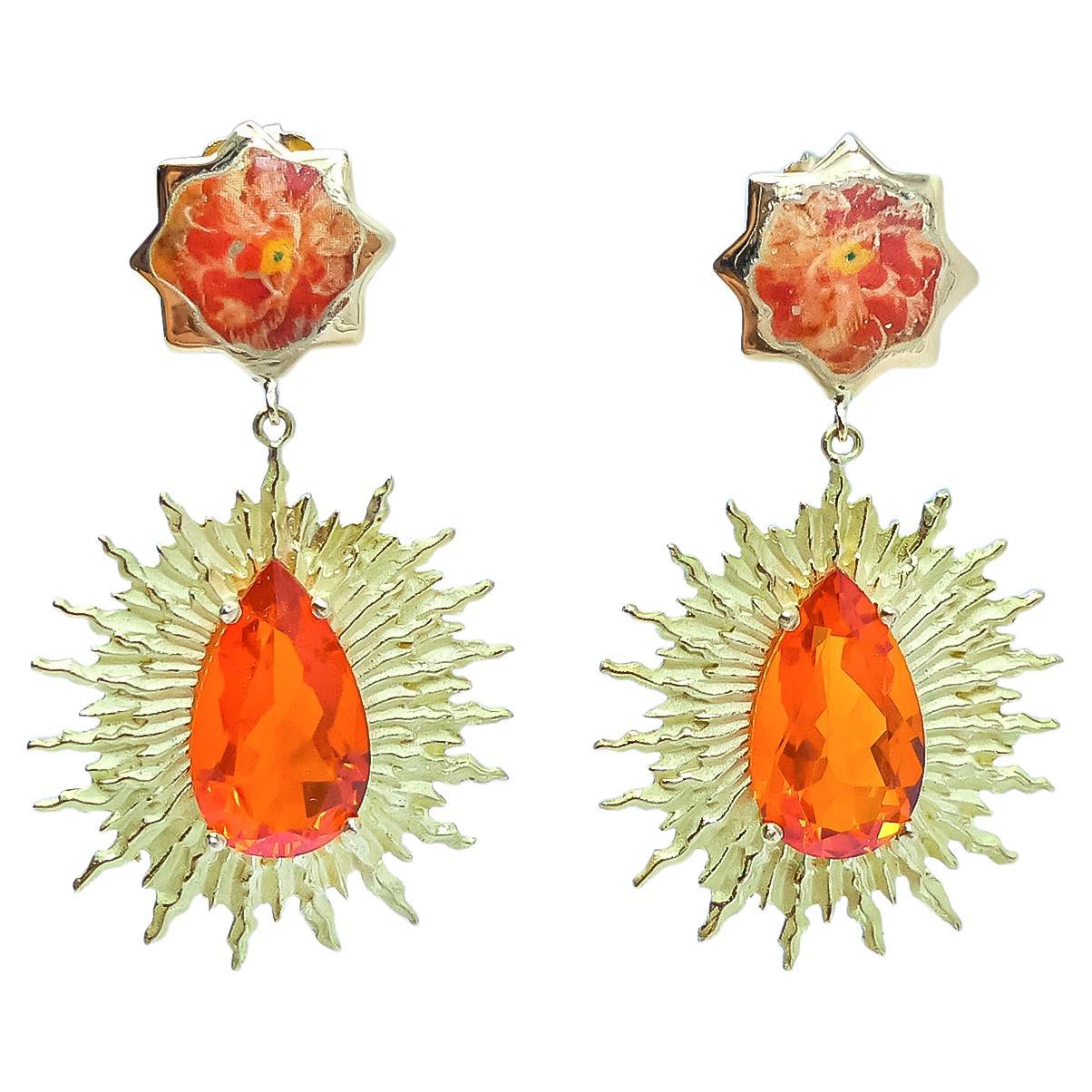 21st Century Red Fire Opal Star Rose Fire Enamel Gold Earrings Golden Age