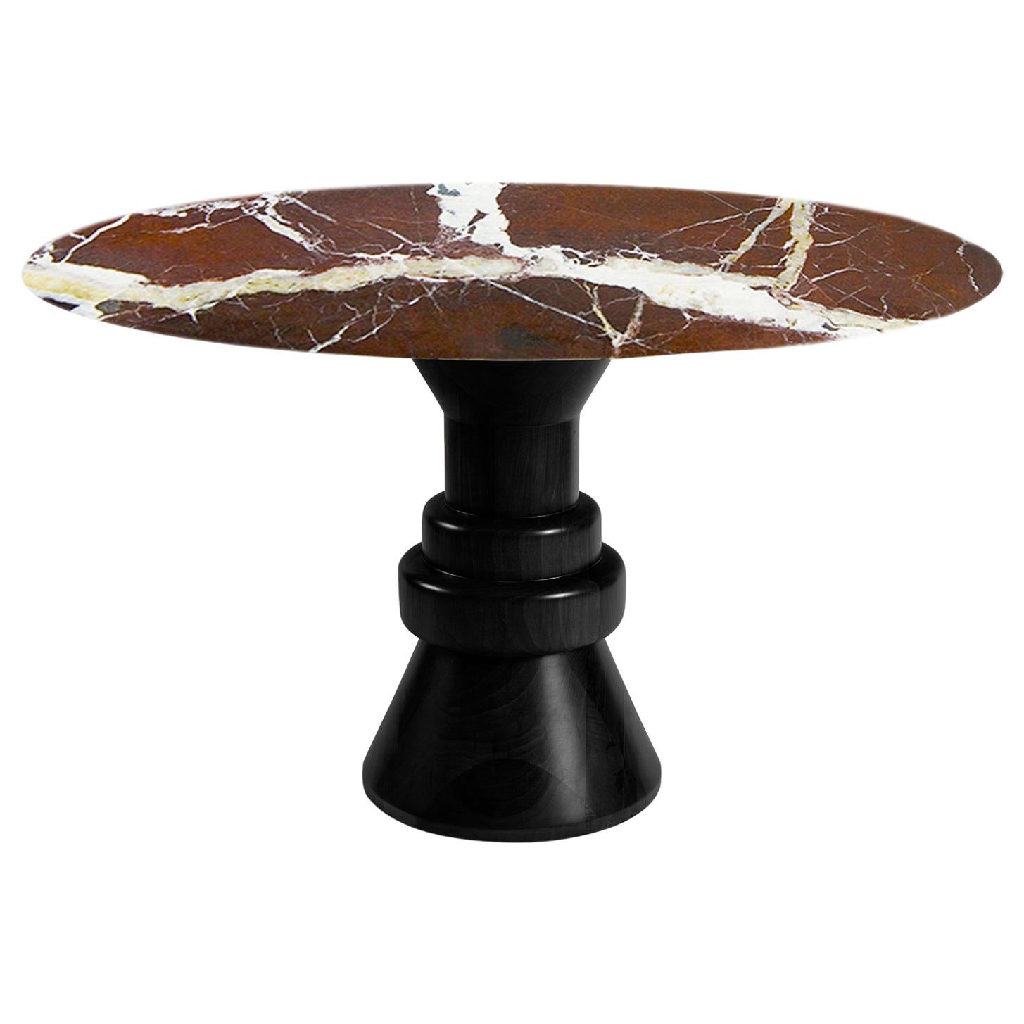 21st Century Red Marble Round Dining Table with Sculptural Black Wooden Base