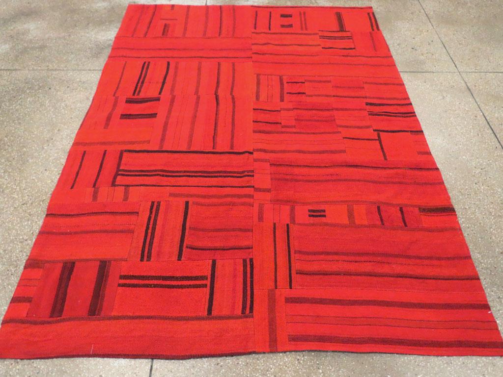 Hand-Woven 21st Century Red Patchwork Style Turkish Flat-Weave Kilim Accent Carpet For Sale