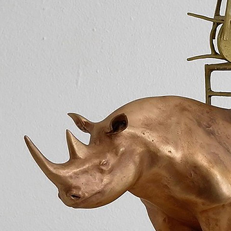 Modern 21st Century Rhino with Chairs Sculpture by Marcantonio, Polished Bronze For Sale