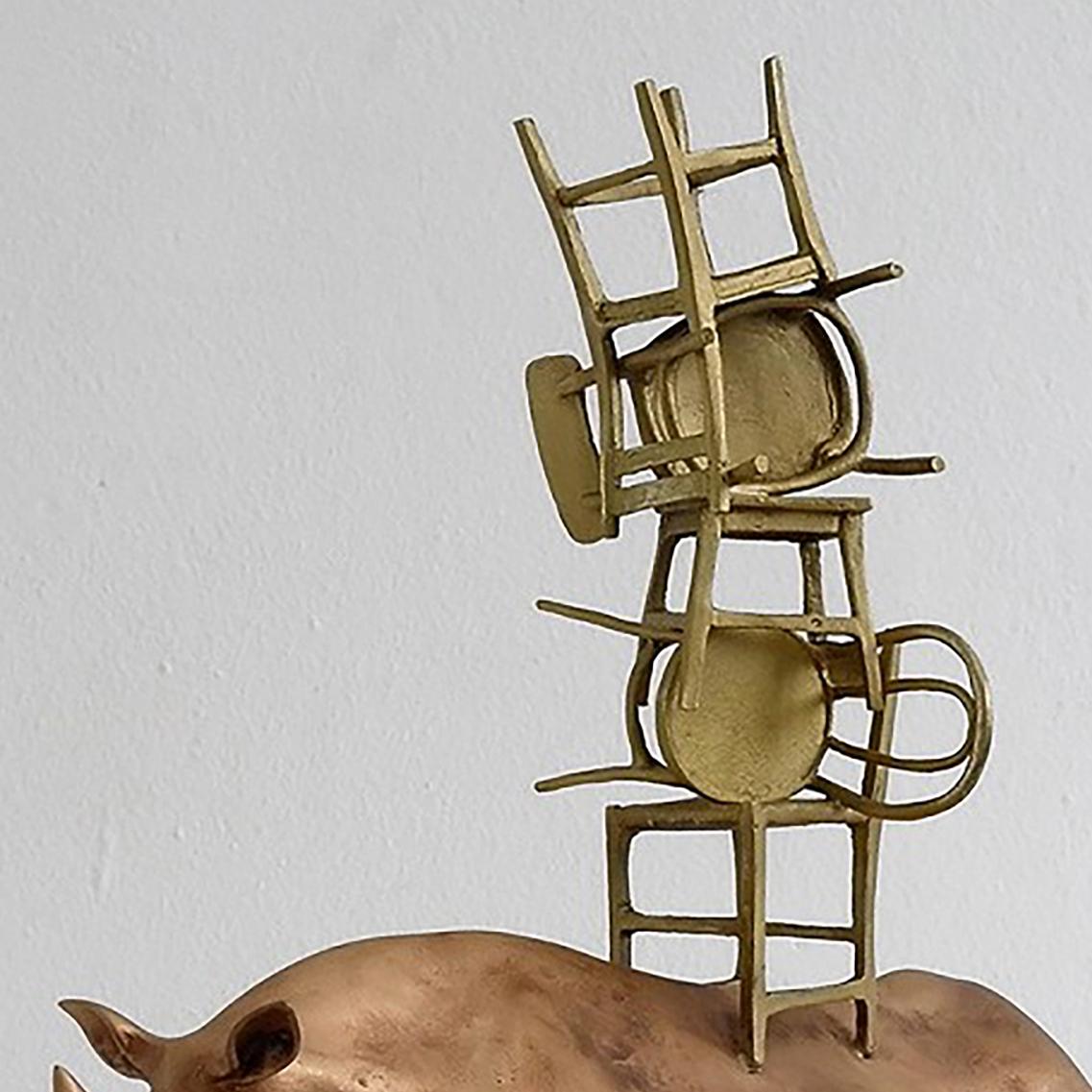 Italian 21st Century Rhino with Chairs Sculpture by Marcantonio, Polished Bronze For Sale