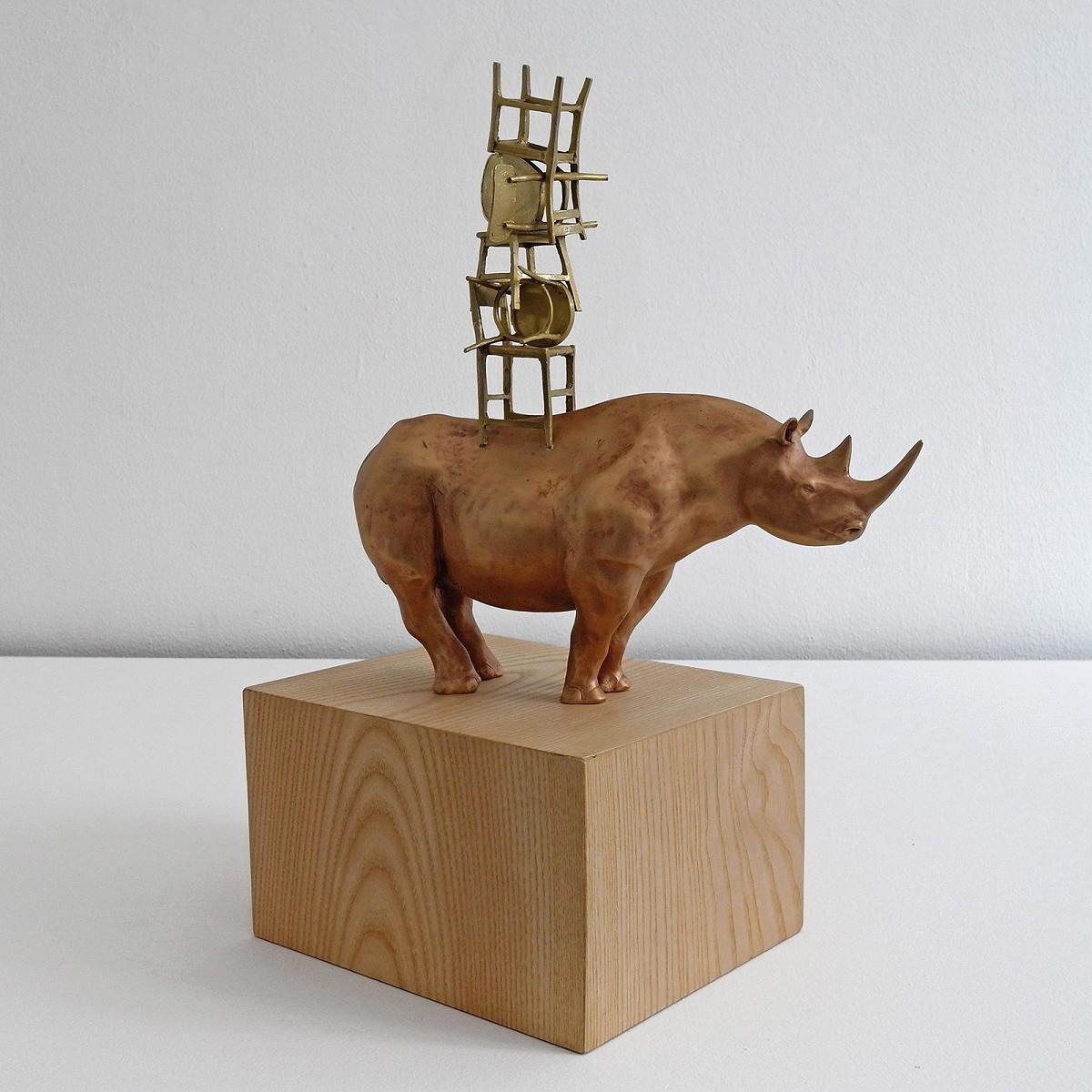 21st Century Rhino with Chairs Sculpture by Marcantonio, Polished Bronze For Sale 1