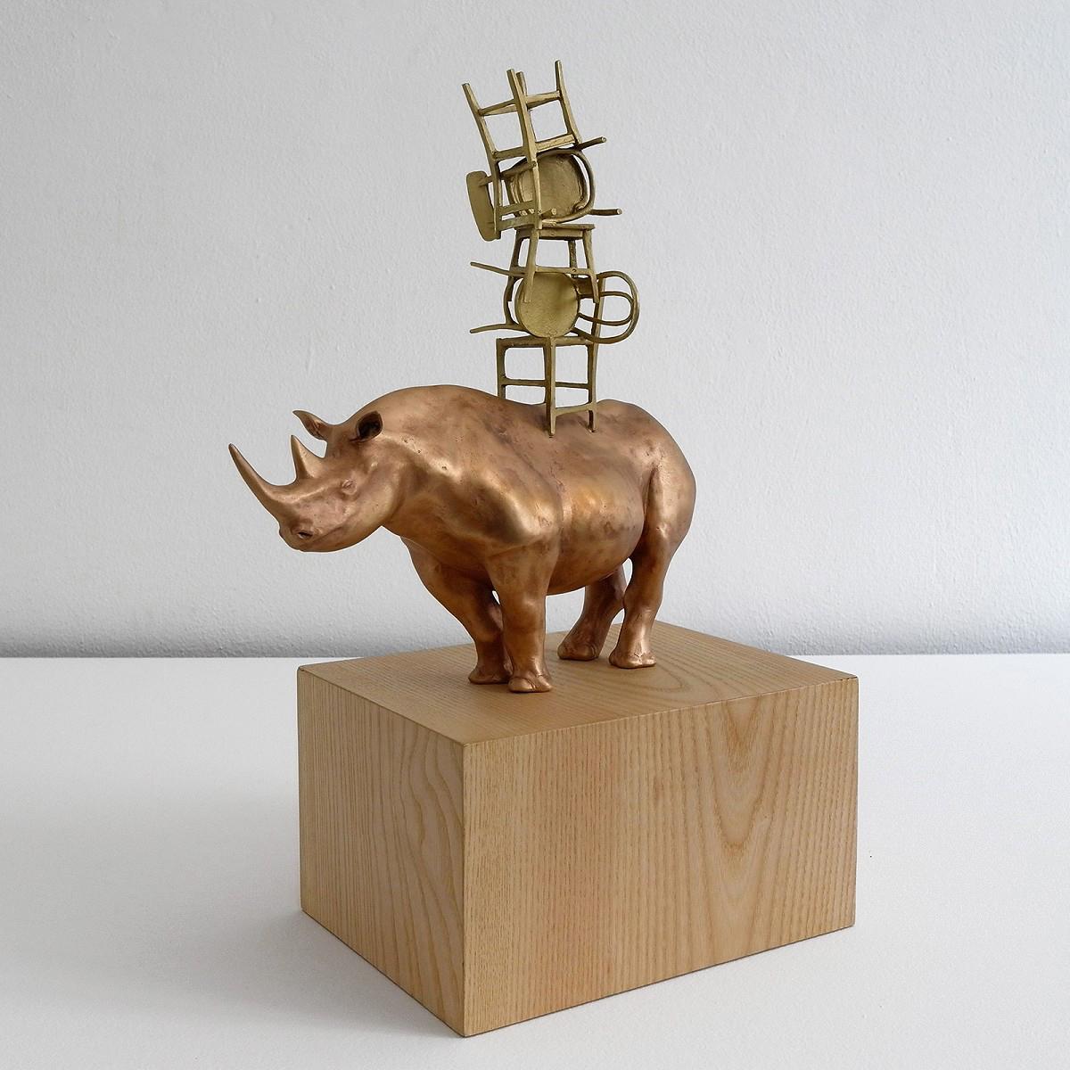 21st Century Rhino with Chairs Sculpture by Marcantonio, Polished Bronze For Sale 2