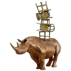 21st Century Rhino with Chairs Sculpture by Marcantonio, Polished Bronze