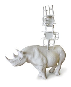 21st Century Rhino with Chairs Sculpture by Marcantonio, White Painted Bronze