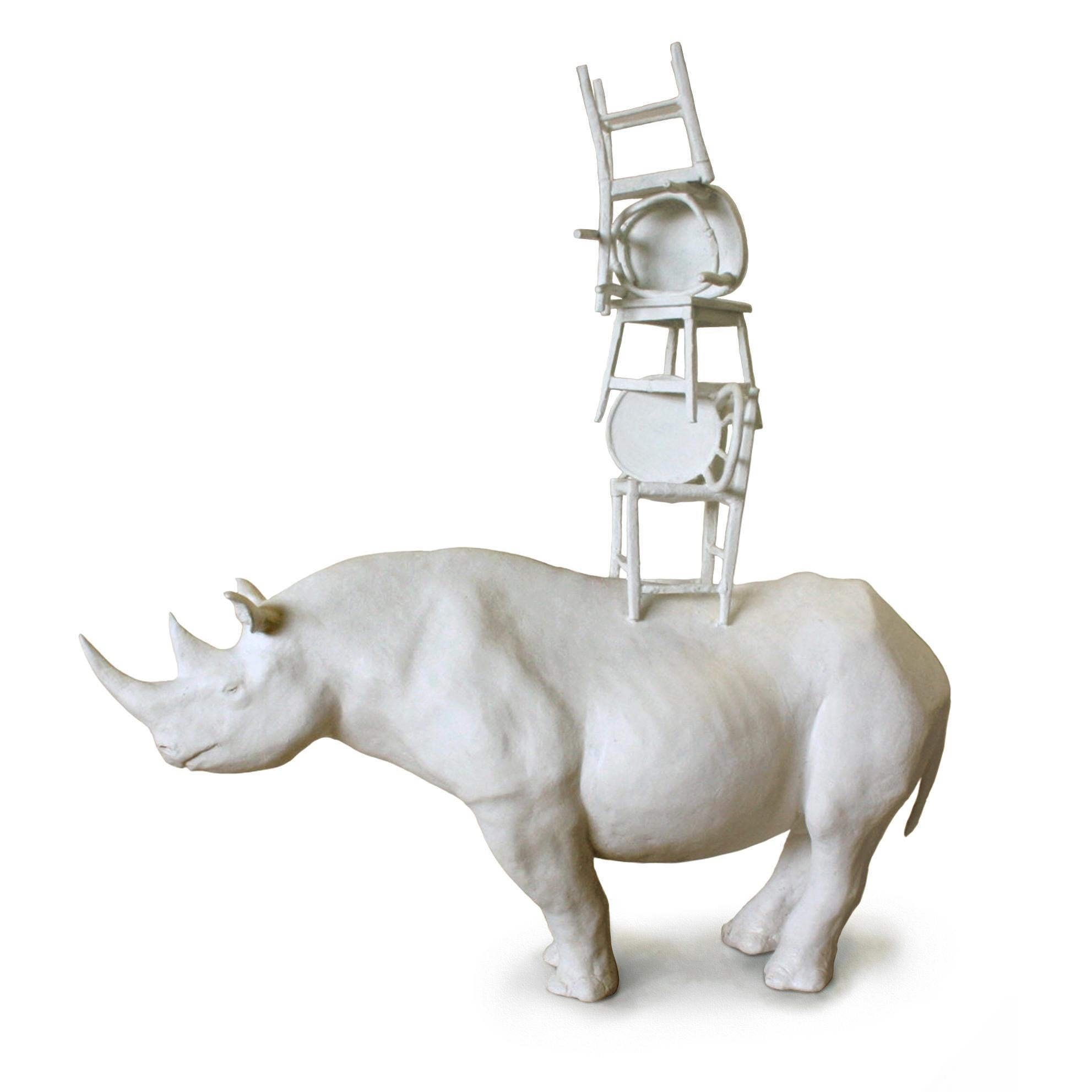 Modern 21st Century Rhino with Chairs Sculpture by Marcantonio, White Painted Bronze For Sale
