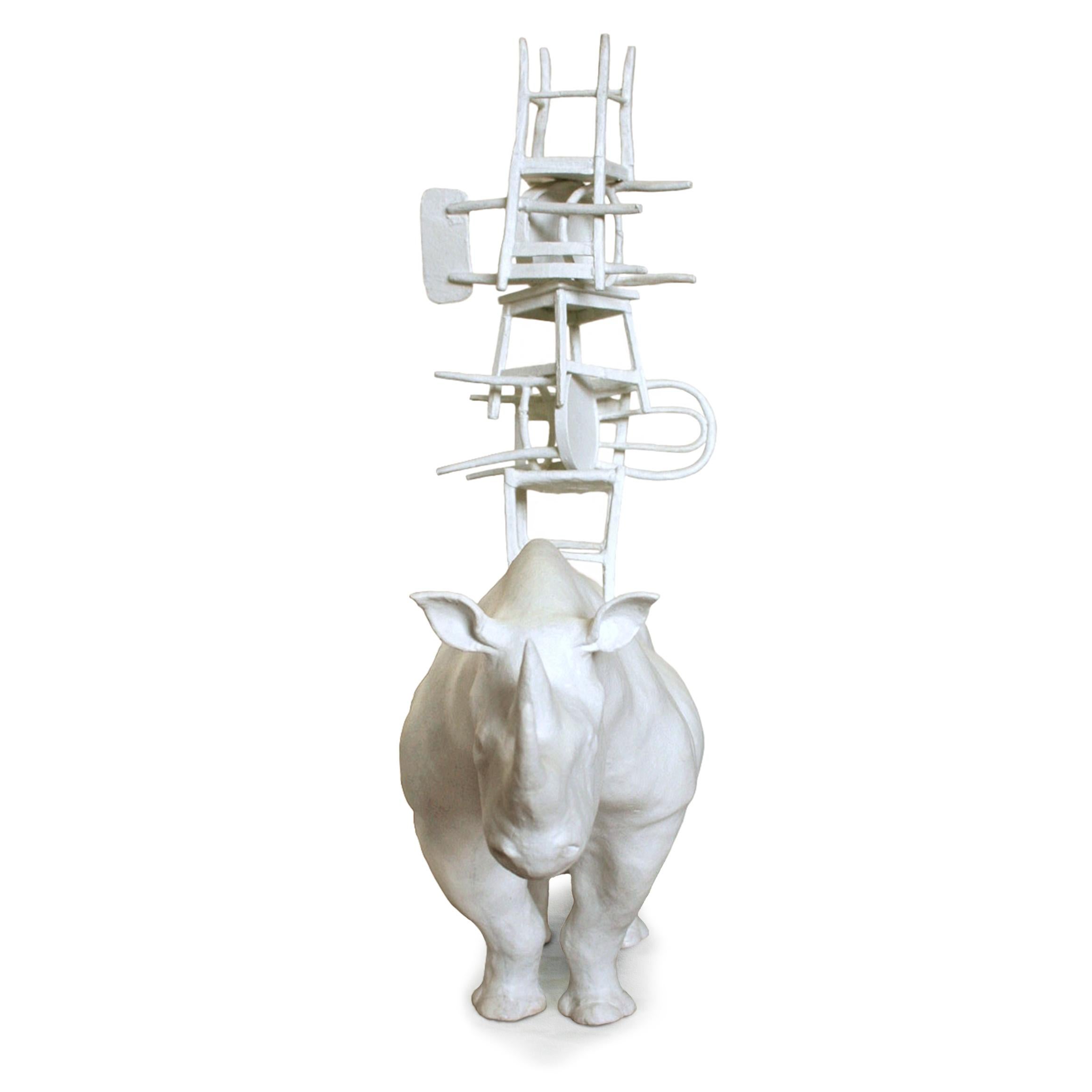 Italian 21st Century Rhino with Chairs Sculpture by Marcantonio, White Painted Bronze For Sale