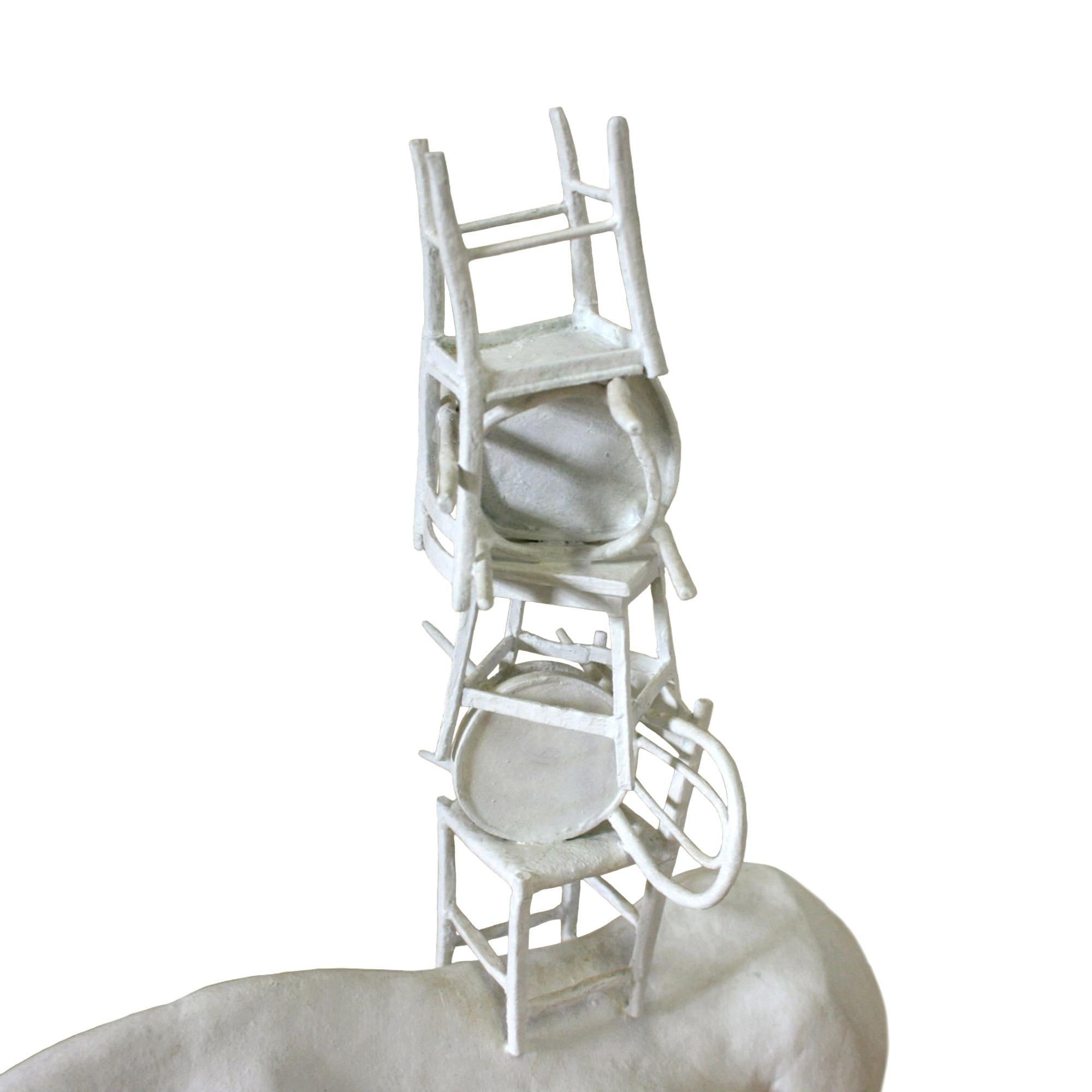 Hand-Painted 21st Century Rhino with Chairs Sculpture by Marcantonio, White Painted Bronze For Sale