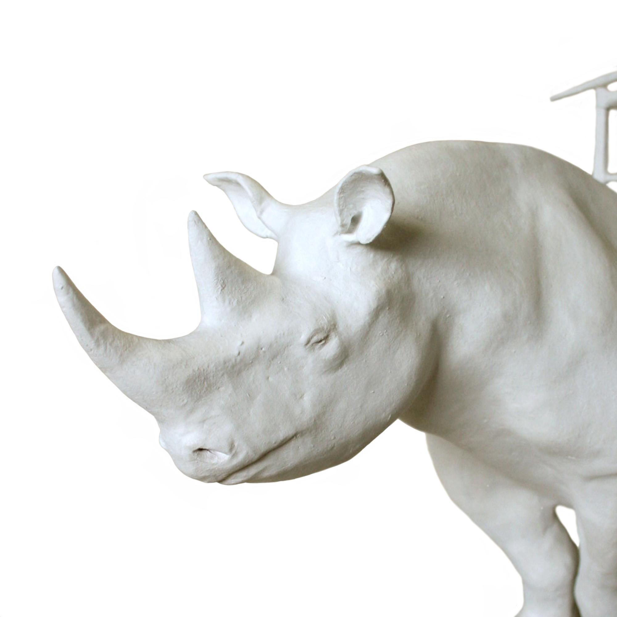 21st Century Rhino with Chairs Sculpture by Marcantonio, White Painted Bronze In New Condition For Sale In Cesena, IT