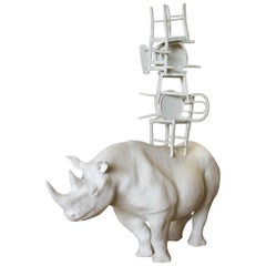 21st Century Rhino with Chairs Sculpture by Marcantonio, White Painted Bronze