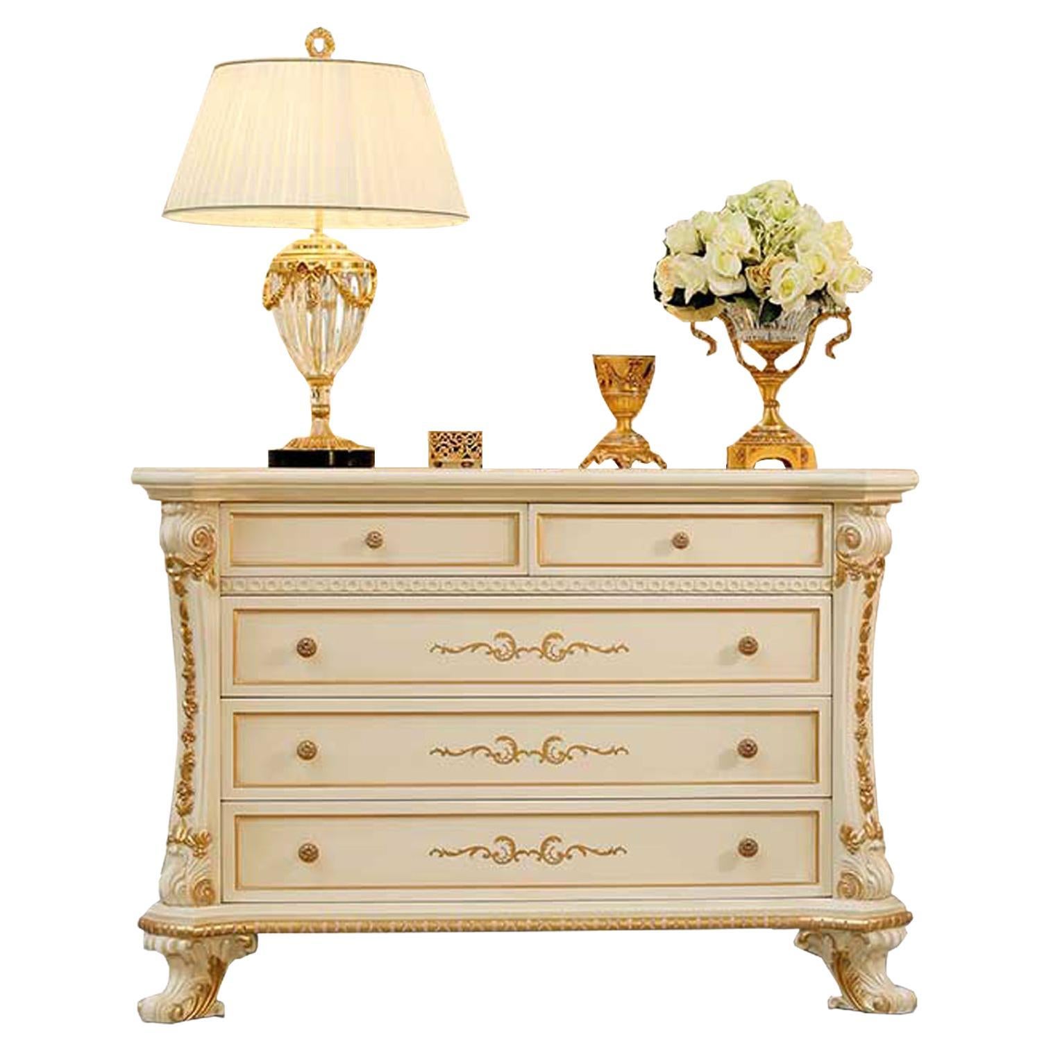 21st Century Rococo 5-Drawers Chest in Ivory Finish by Modenese Gastone Interior For Sale