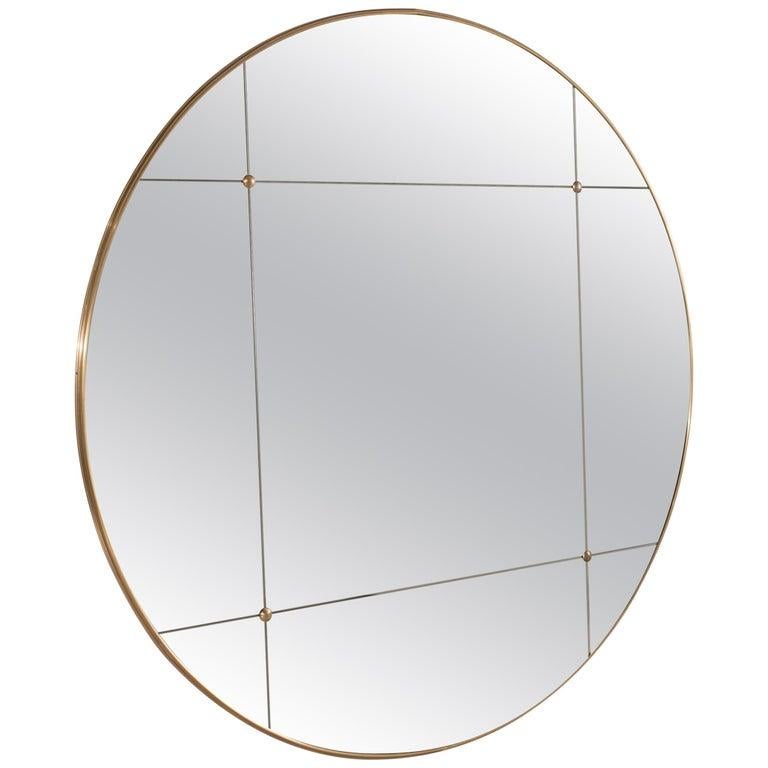 21st Century Round Art Deco Style Paneled Classic Glass Brass Mirror 100 CM For Sale