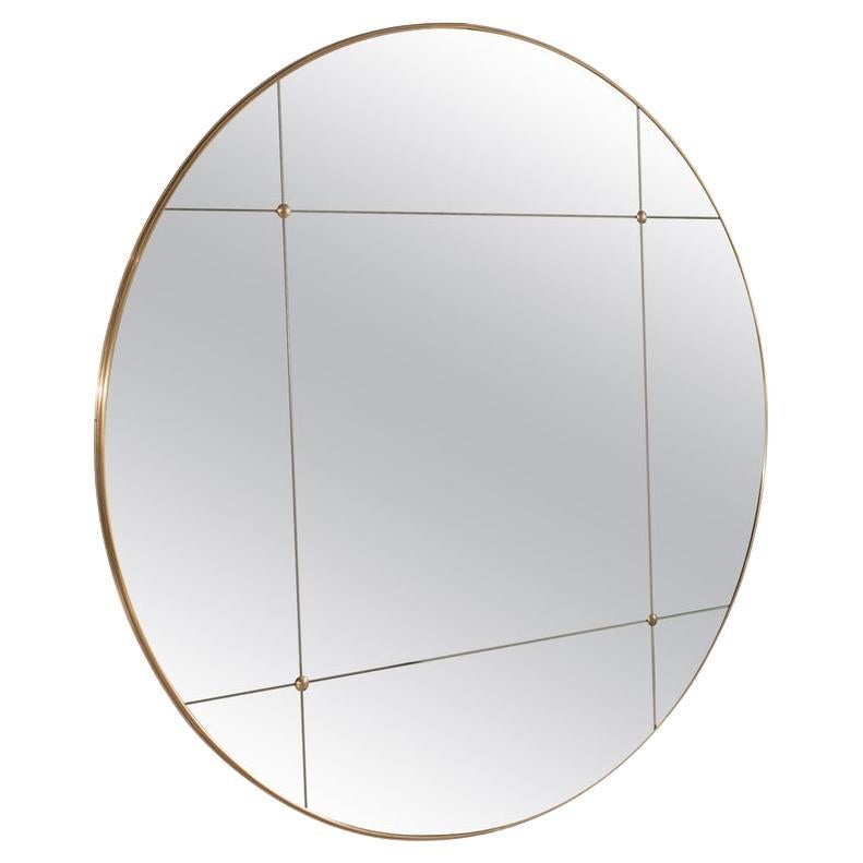 21st Century Round Art Deco Style Paneled Classic Glass Brass Mirror 110 CM For Sale