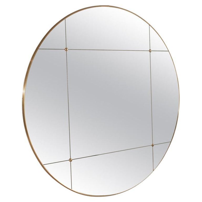21st Century Round Art Deco Style Paneled Classic Glass Brass Mirror For Sale