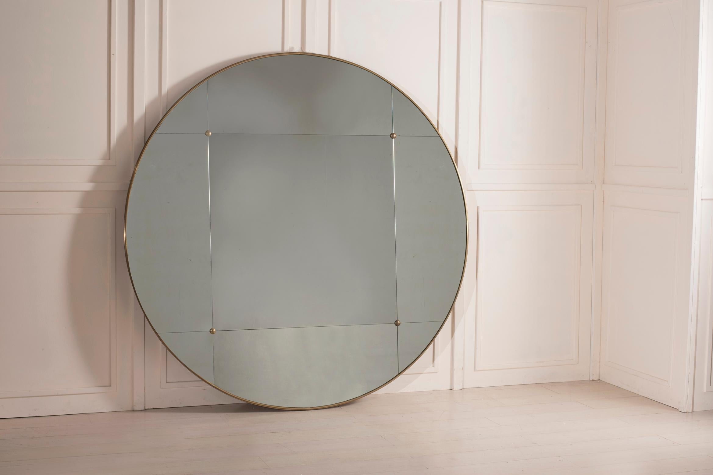 Italian 21st Century Round Art Deco Style Paneled Smoked Glass Brass Mirror For Sale