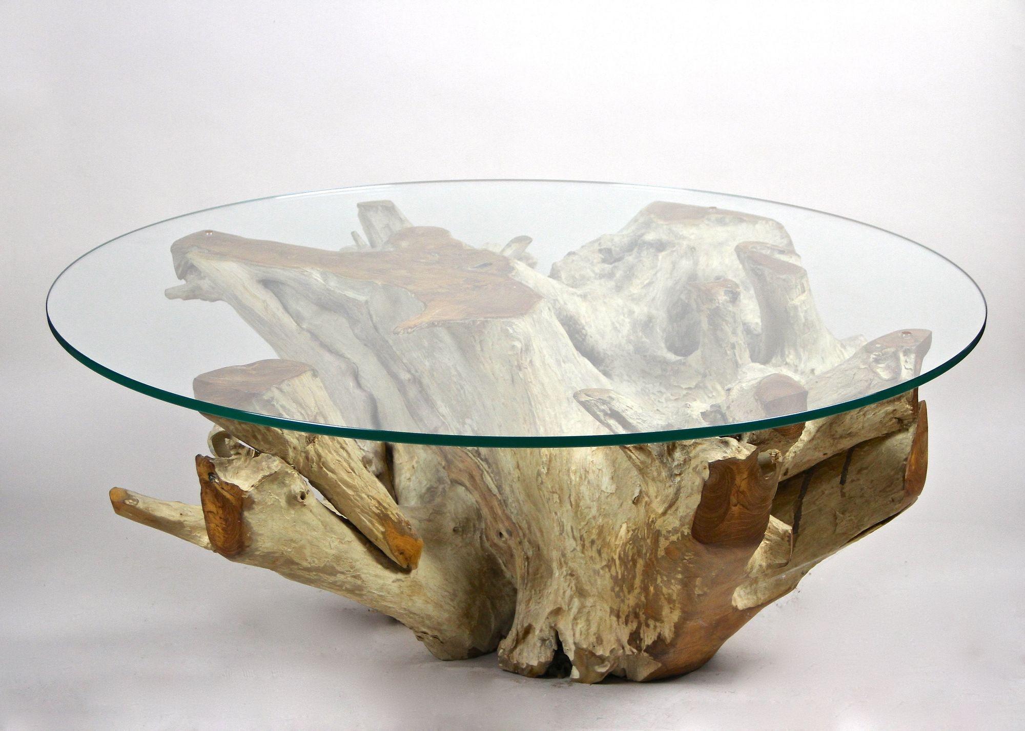 One of a kind modern organic teak root coffee table with safety glass plate. This round coffee table table was elaborately made out of one beautiful massive teak root which has been artfully cutted by the artist to create this unique shape. After