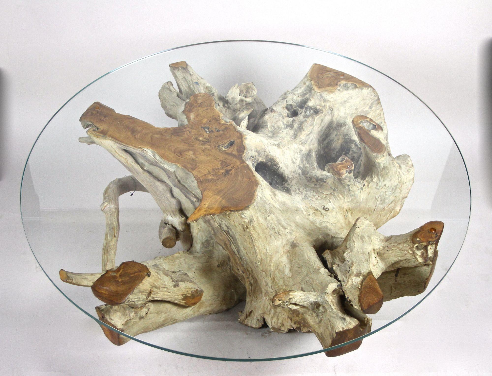 Indonesian 21st Century Round Teak Root Coffee Table with Glass Plate, Organic Modern, 2024 For Sale