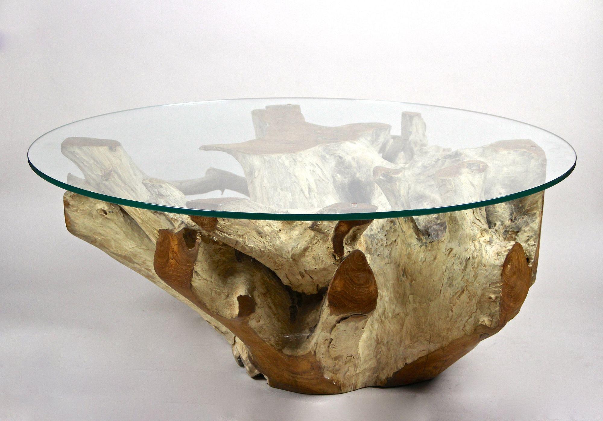 21st Century Round Teak Root Coffee Table with Glass Plate, Organic Modern, 2024 For Sale 2