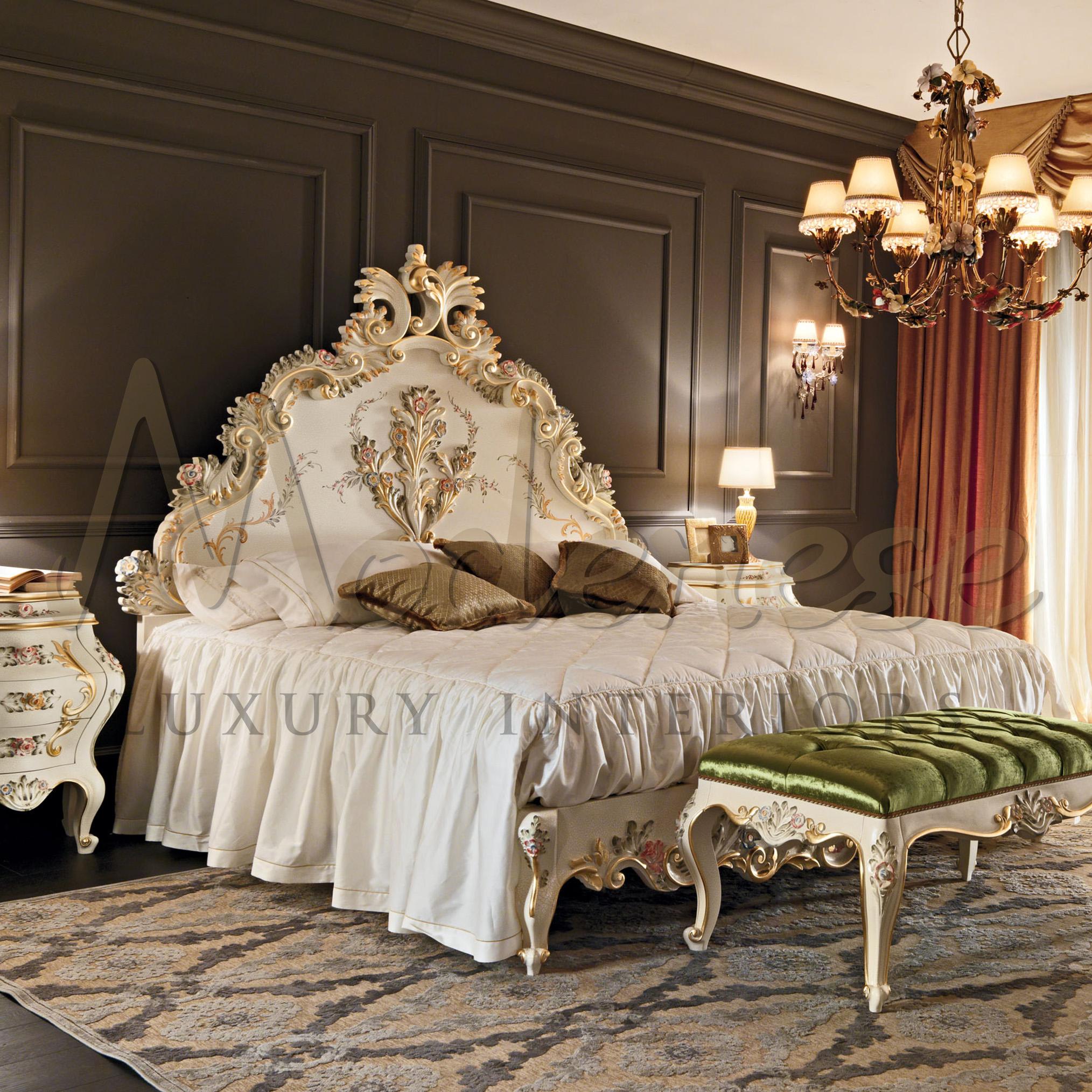 Exceptional Italian furniture, a unique and exclusive double bed without footboard from Modenese Interiors Luxury production. Its dramatic use of baroque carvings gives the right contrast to the light ivory finishing of this item, which is further