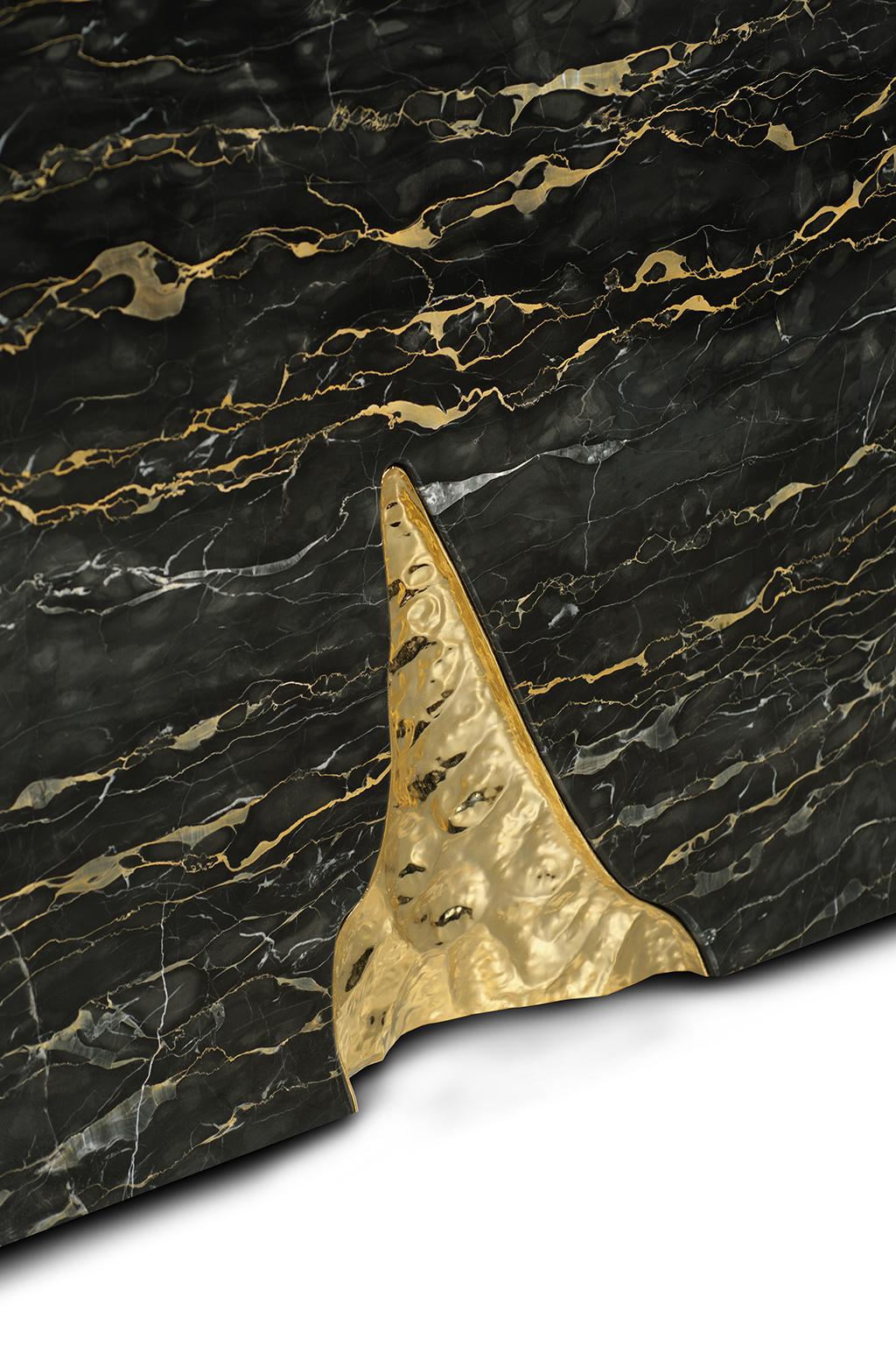 Contemporary Sculptural Ruins Console Table, Portoro Marble, Golden Hammered Brushed Brass For Sale