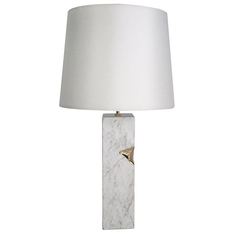 Modern Ruins Table Lamp, White Marble and Golden Hammered Polished Brass For Sale