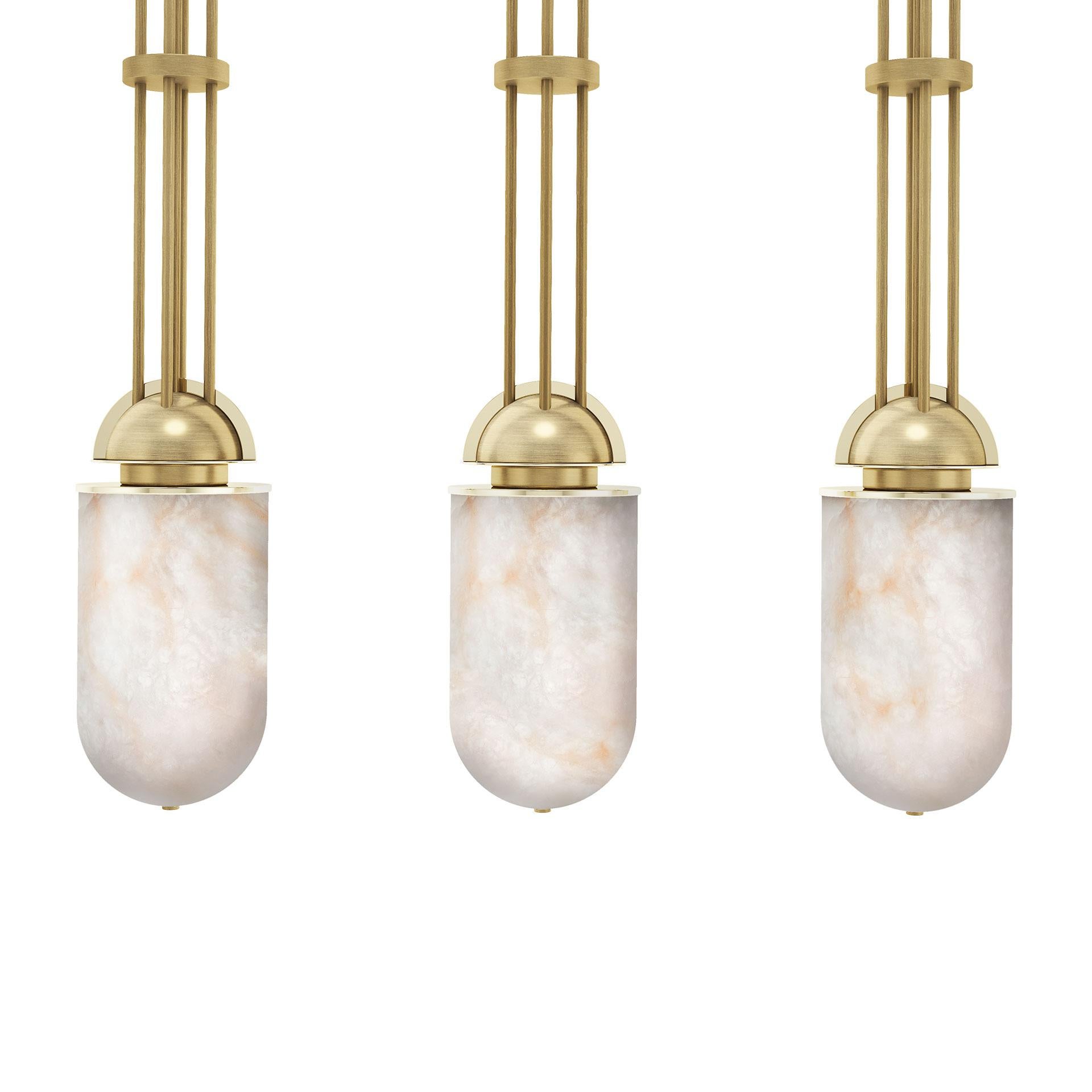 Brushed 21st Century Russell Suspension Lamp Aged Brass Alabaster For Sale
