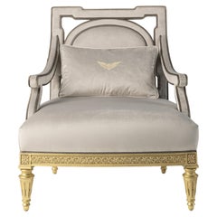 21st Century Satin Armchair in Hand-carved Wood and Fabric in style of Louis XVI