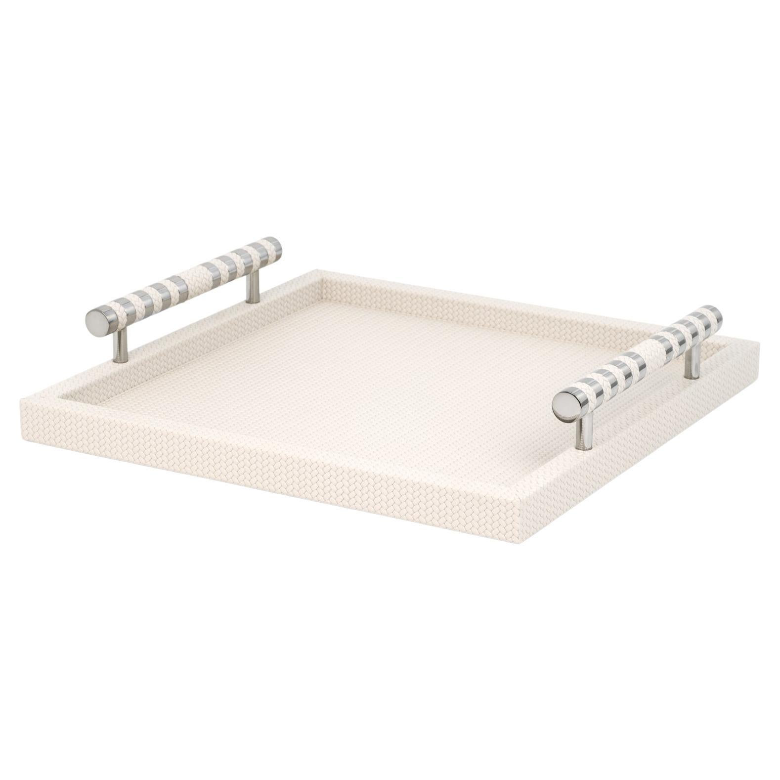 21st Century Saturno Serving Leather Tray with Chrome Handles Handmade in Italy For Sale