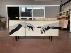 21st Century Scapin Collezioni Side Board Mat Lacquer MDF Wooden Inlay Glass Top