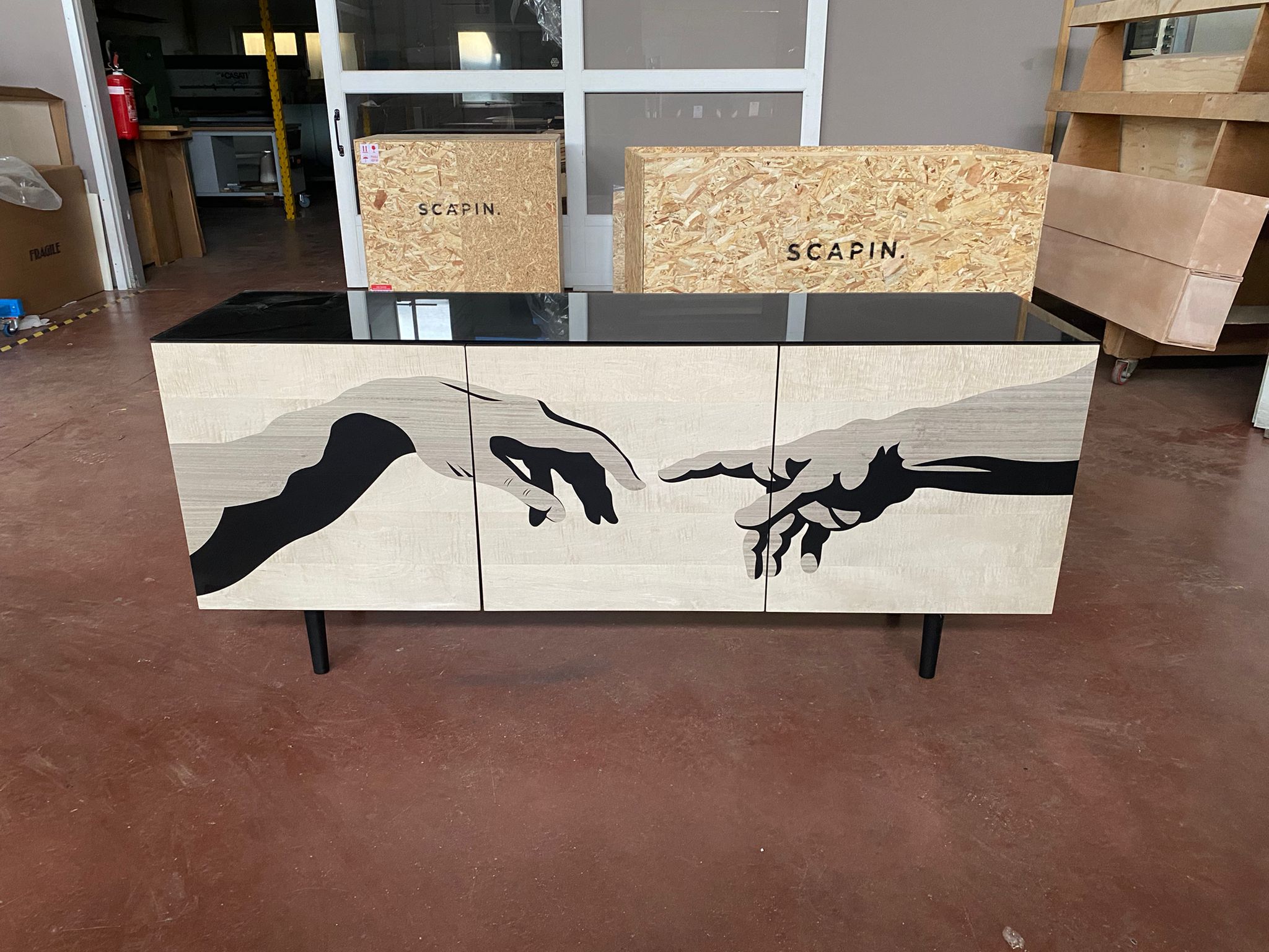 Modern 21st Century Scapin Collezioni Side Board Mat Lacquer MDF Wooden Inlay Glass Top