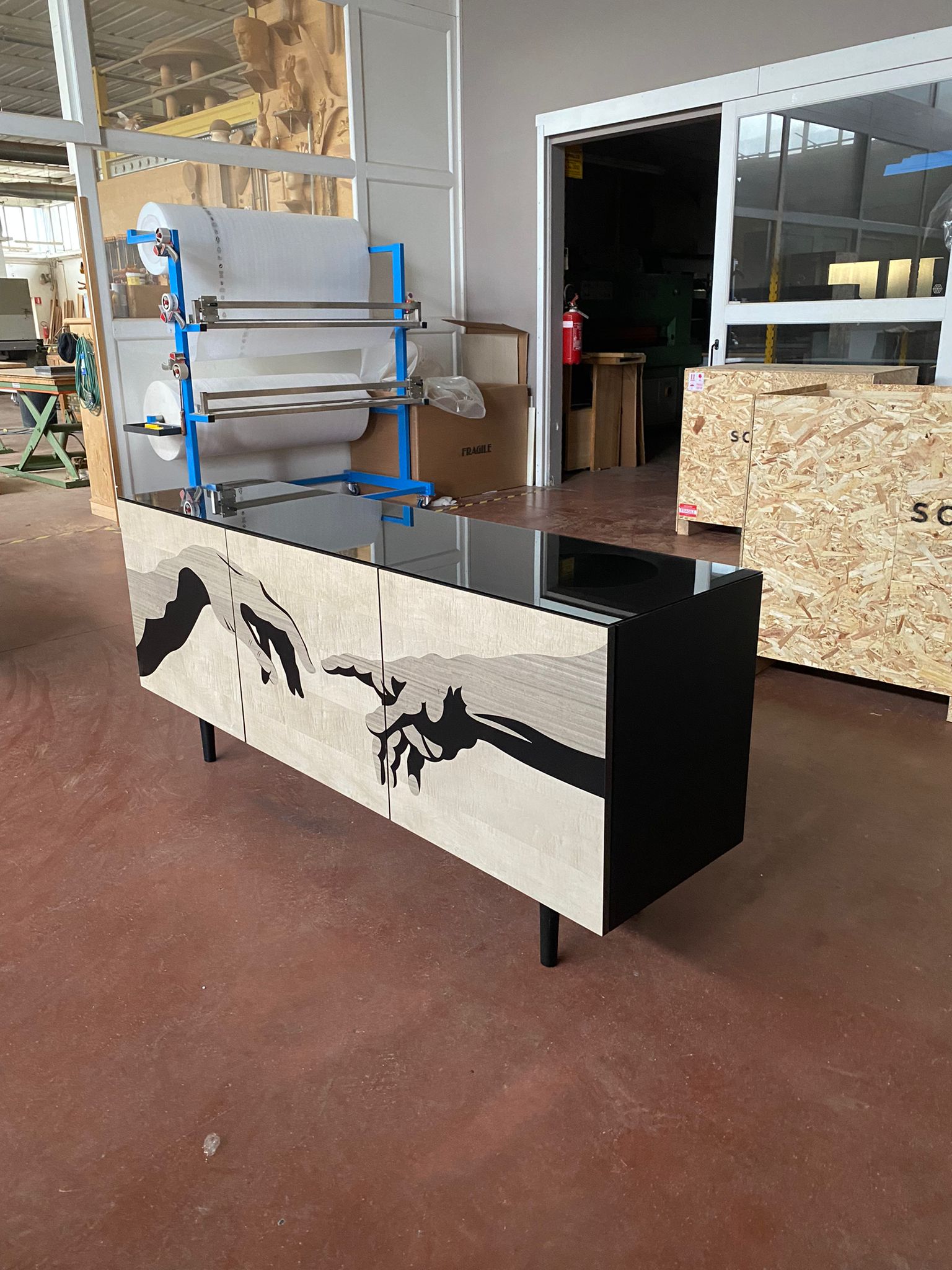 Italian 21st Century Scapin Collezioni Side Board Mat Lacquer MDF Wooden Inlay Glass Top