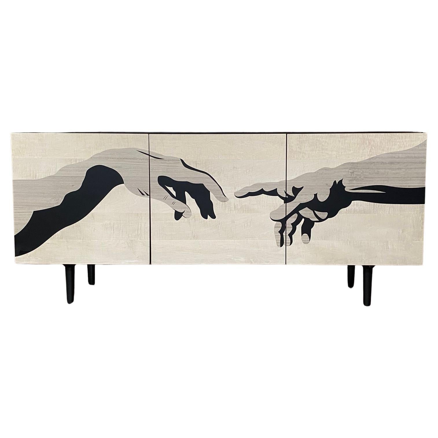 21st Century Scapin Collezioni Side Board Mat Lacquer MDF Wooden Inlay Glass Top For Sale