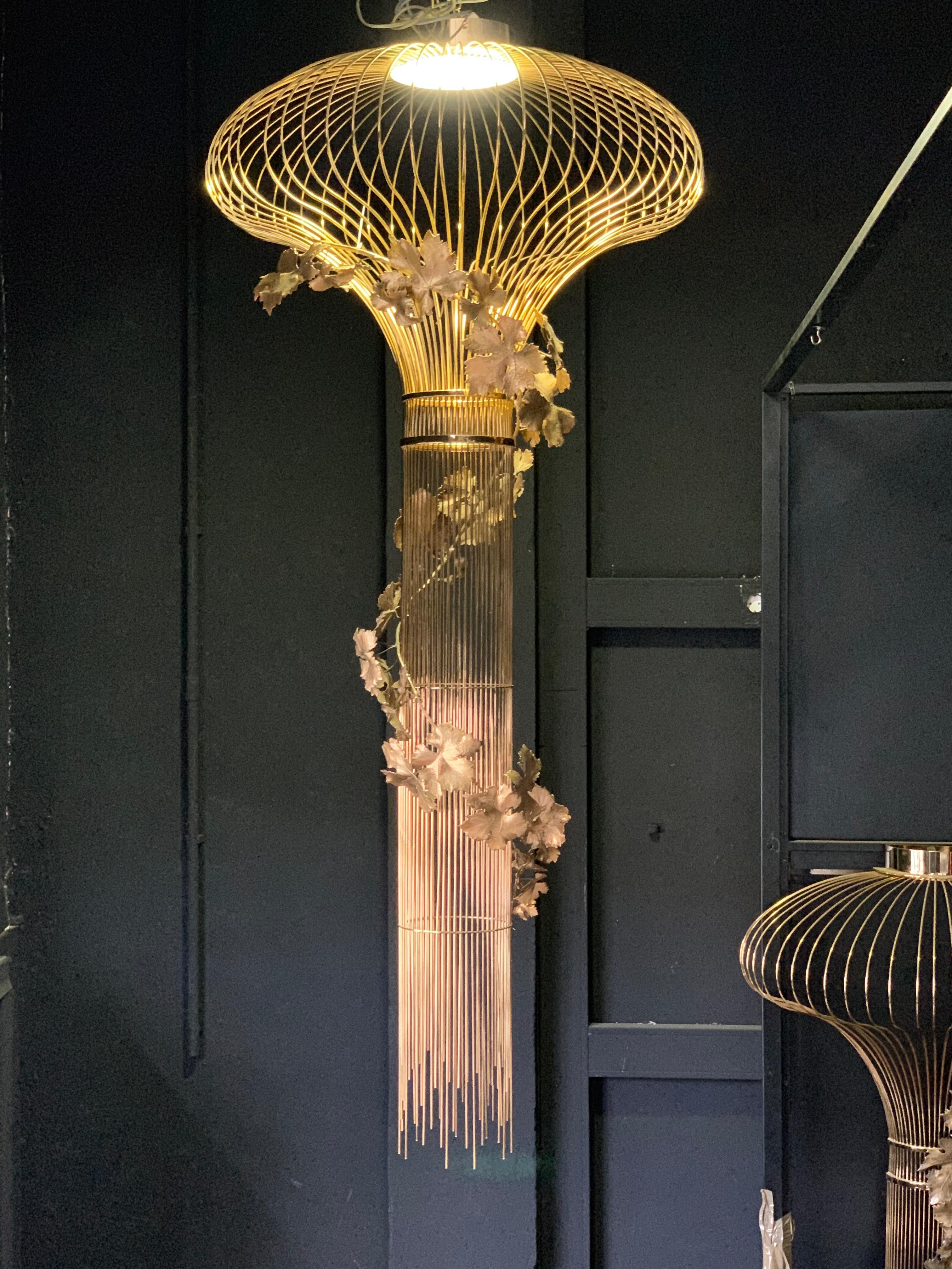Mid-Century Modern 21st Century Sculptural Modern Handmade Led Chandelier in Brass and Lost Wax For Sale