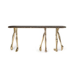 Contemporary Sculptural Monroe Console Table, Polished Brass and Brown Marble