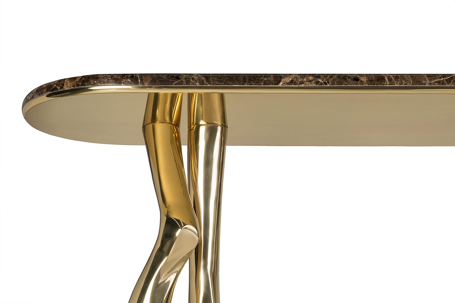 Cast Contemporary Sculptural Monroe Console Table, Polished Brass and Brown Marble For Sale