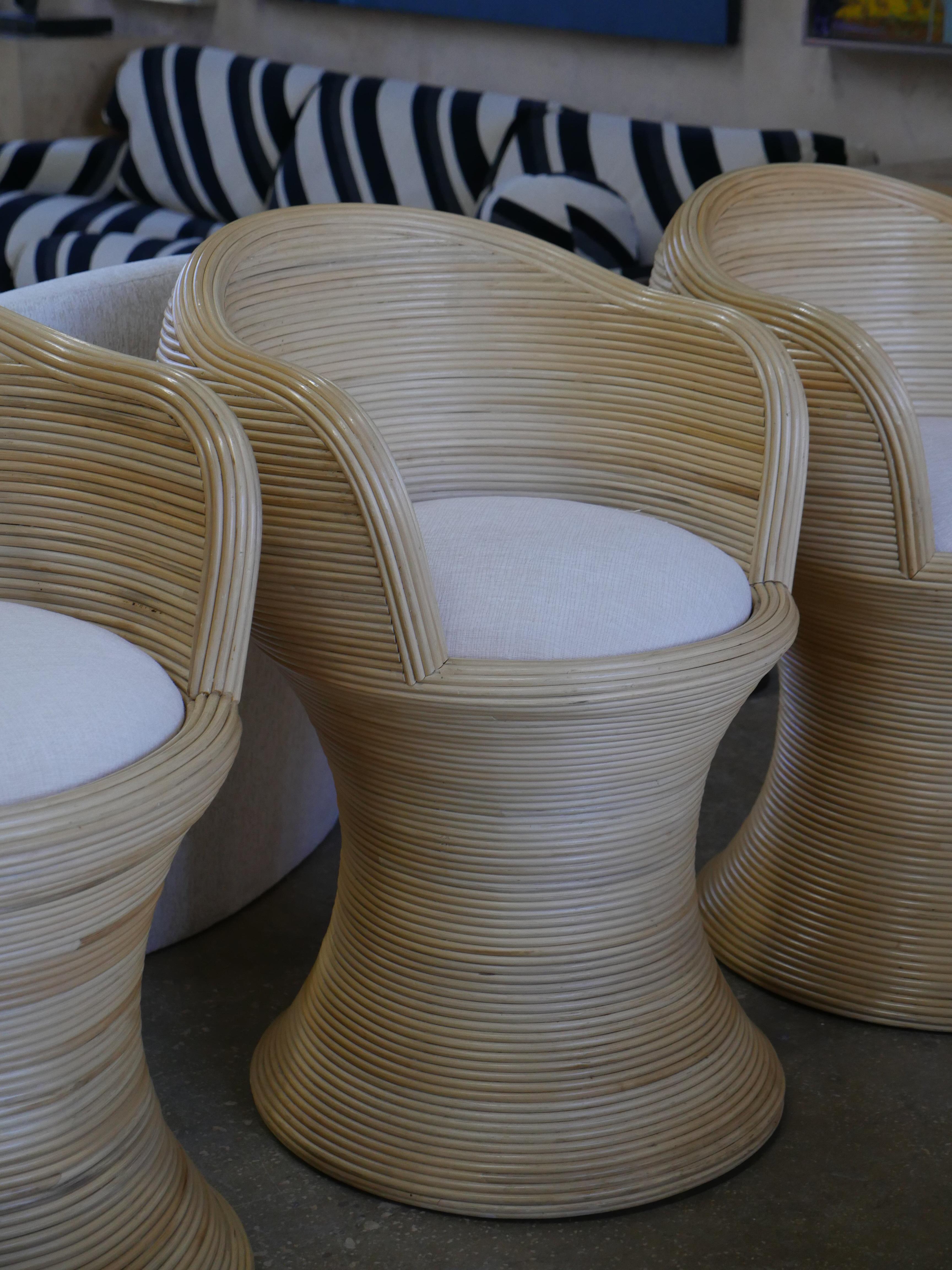 Bohemian 21st Century Sculptural Pencil Reed Rattan Stools - Set of Three For Sale