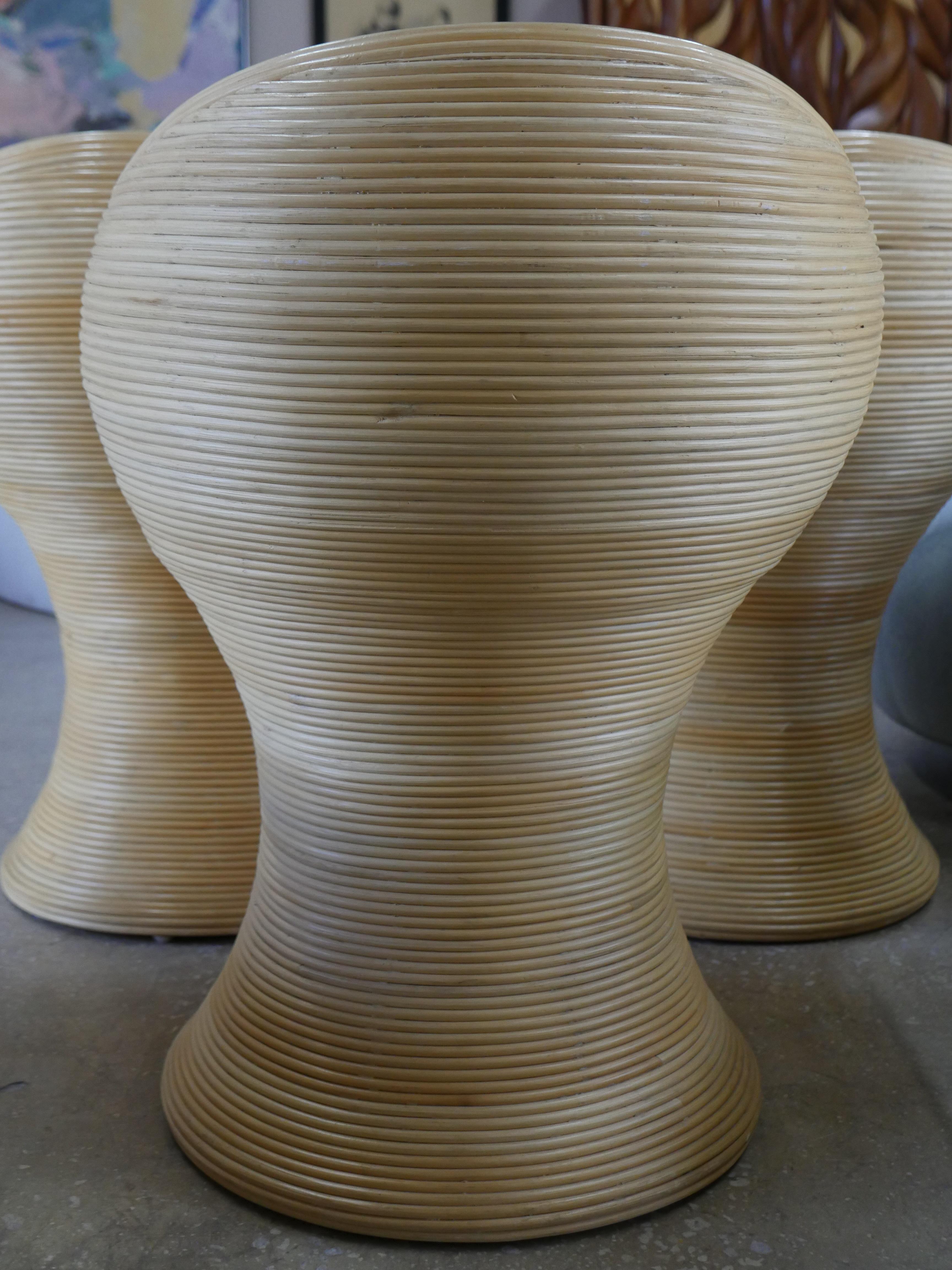 Chenille 21st Century Sculptural Pencil Reed Rattan Stools - Set of Three For Sale